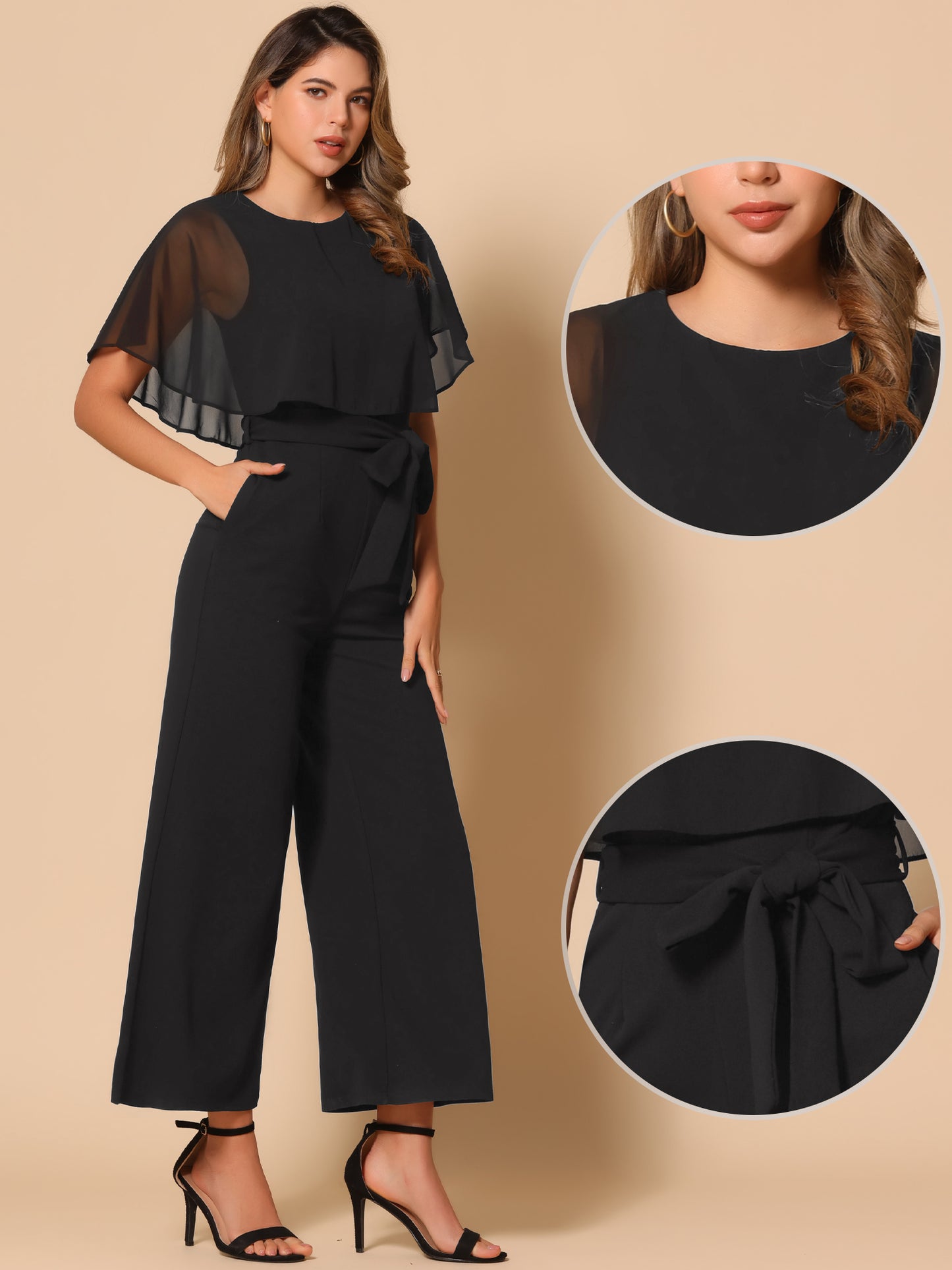 Women's Dressy Casual Tie Waist Wide Leg Pants Ruffle Sleeve Jumpsuit