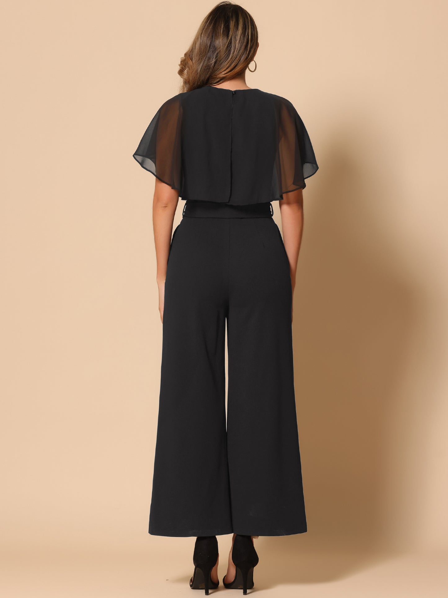 Women's Dressy Casual Tie Waist Wide Leg Pants Ruffle Sleeve Jumpsuit