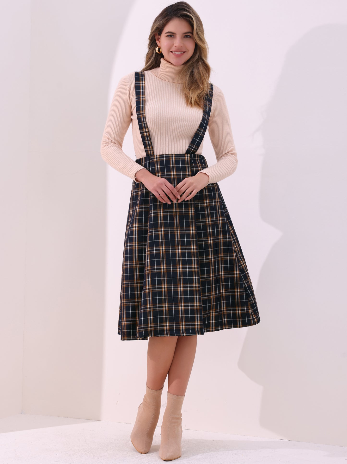 Falda de cuadros escoceses con tirantes para mujer, estilo vintage, de cintura alta, corte A, vestido midi
