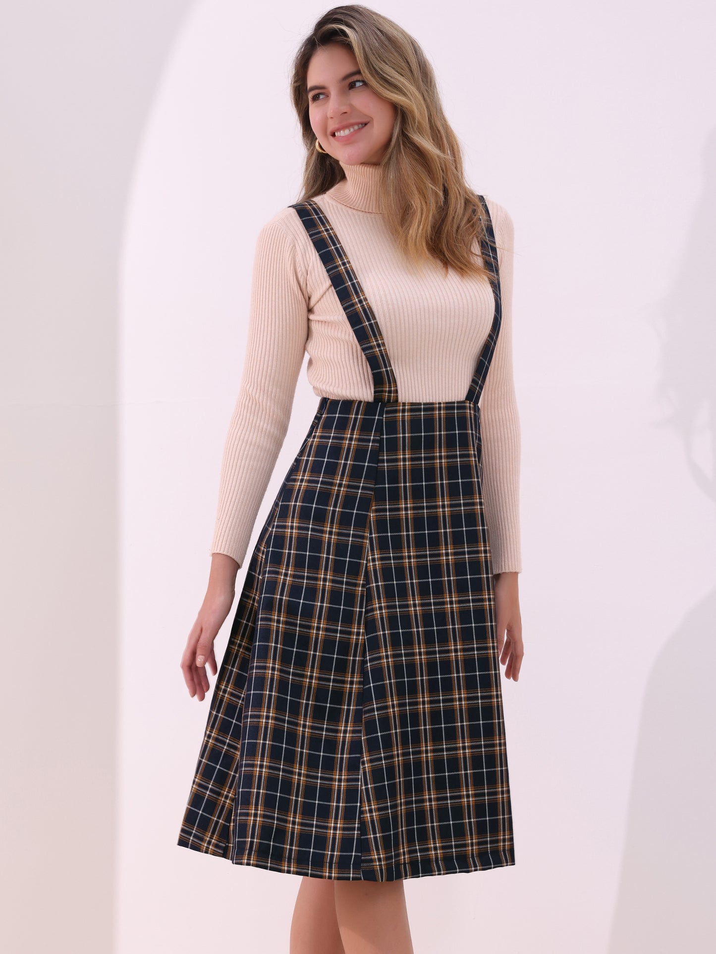 Falda de cuadros escoceses con tirantes para mujer, estilo vintage, de cintura alta, corte A, vestido midi