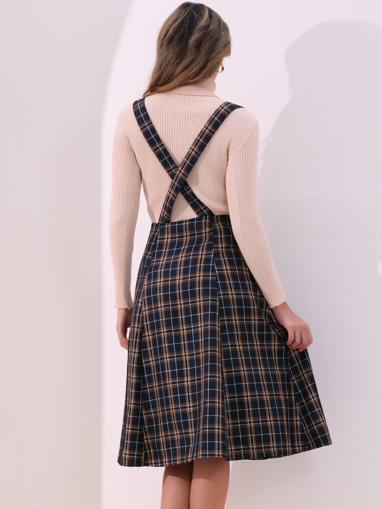 Falda de cuadros escoceses con tirantes para mujer, estilo vintage, de cintura alta, corte A, vestido midi