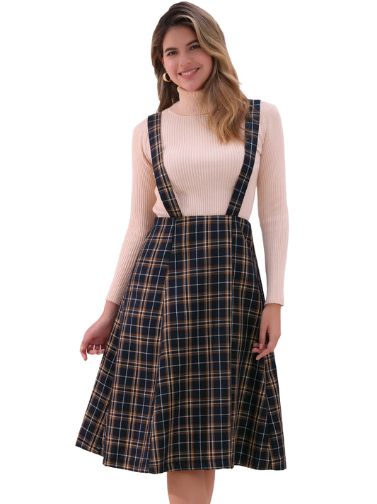 Women's Tartan Plaid Suspender Skirt Vintage High Waist A-Line Midi Overall Dress