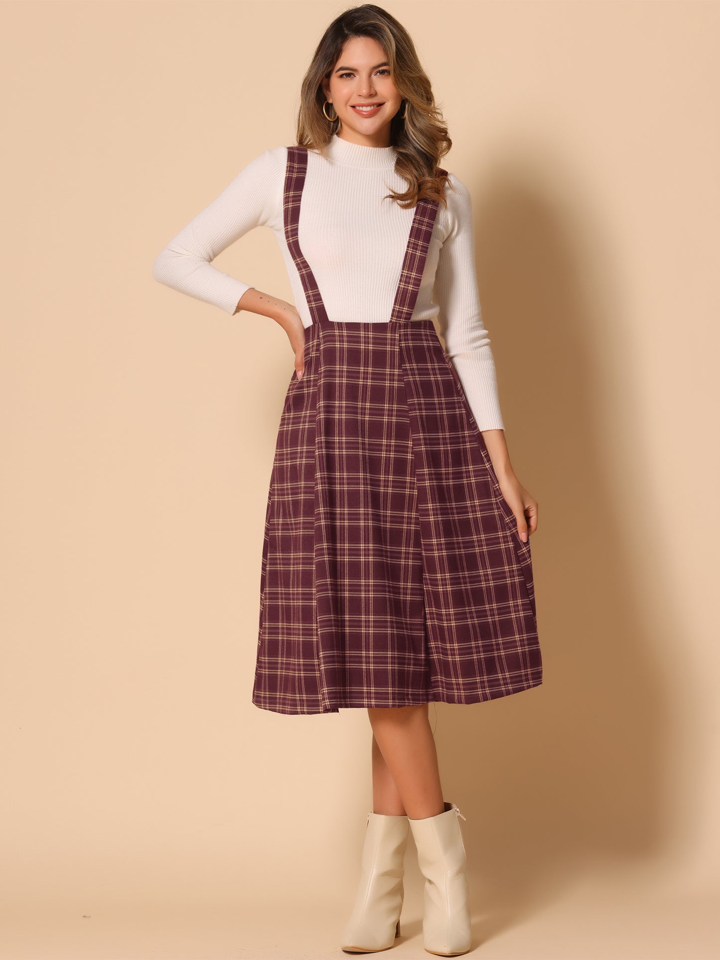 Falda de cuadros escoceses con tirantes para mujer, estilo vintage, de cintura alta, corte A, vestido midi