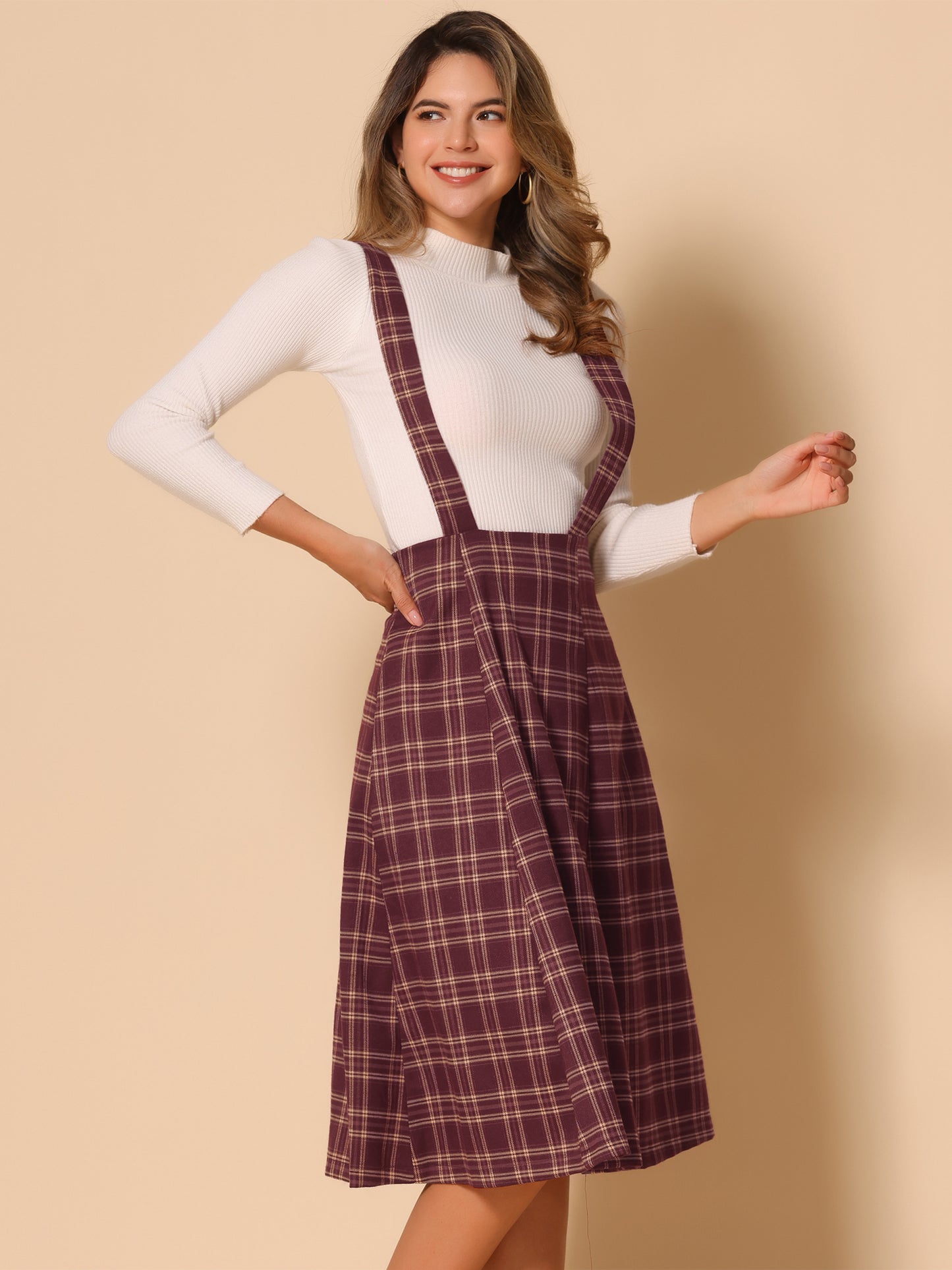 Falda de cuadros escoceses con tirantes para mujer, estilo vintage, de cintura alta, corte A, vestido midi