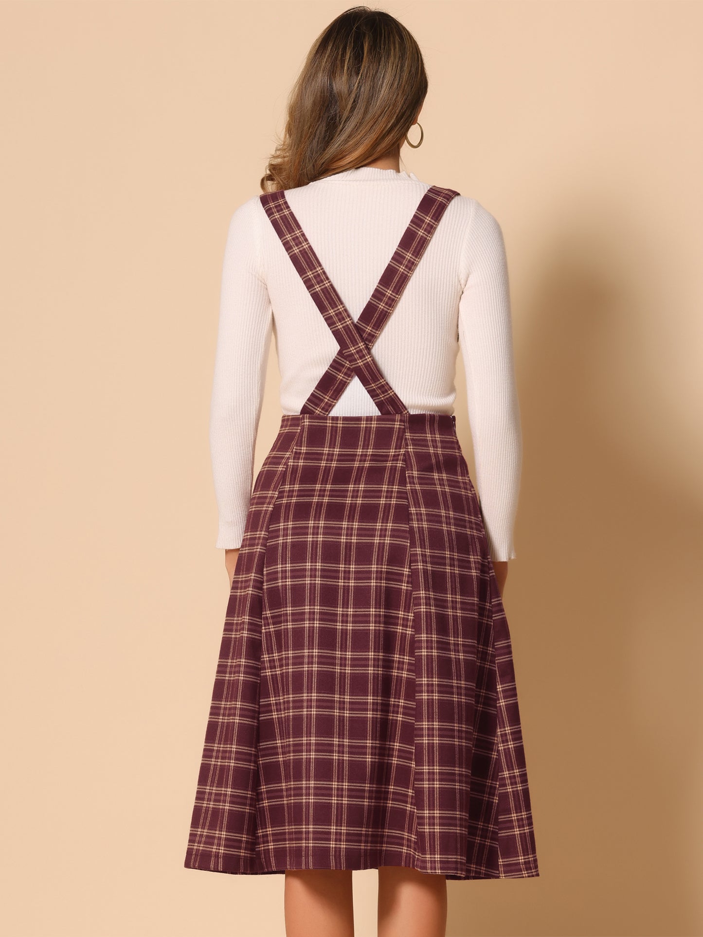 Falda de cuadros escoceses con tirantes para mujer, estilo vintage, de cintura alta, corte A, vestido midi