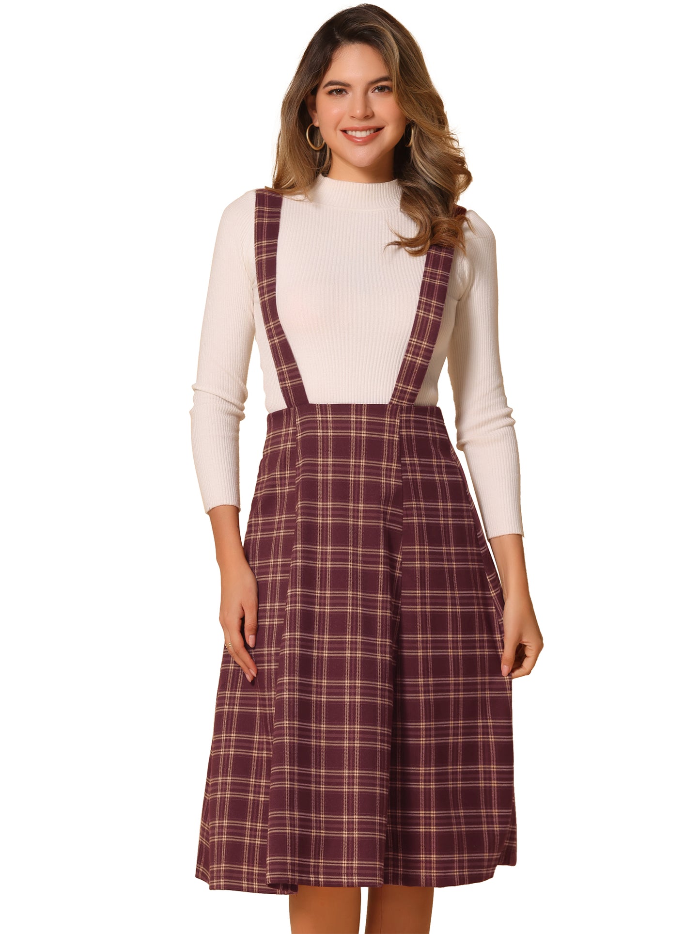 Falda de cuadros escoceses con tirantes para mujer, estilo vintage, de cintura alta, corte A, vestido midi