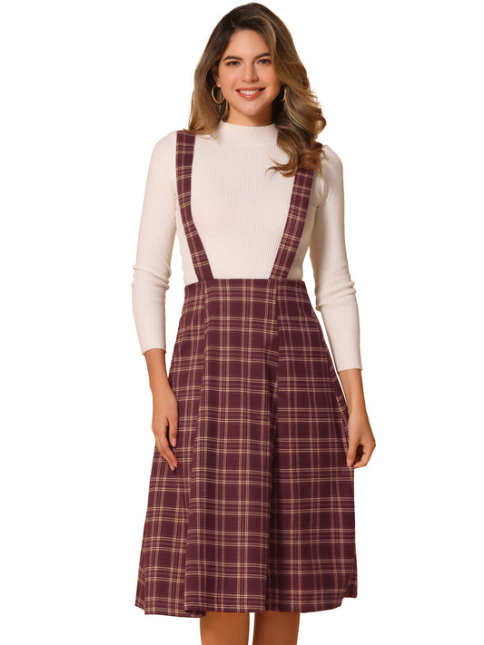 Women's Tartan Plaid Suspender Skirt Vintage High Waist A-Line Midi Overall Dress