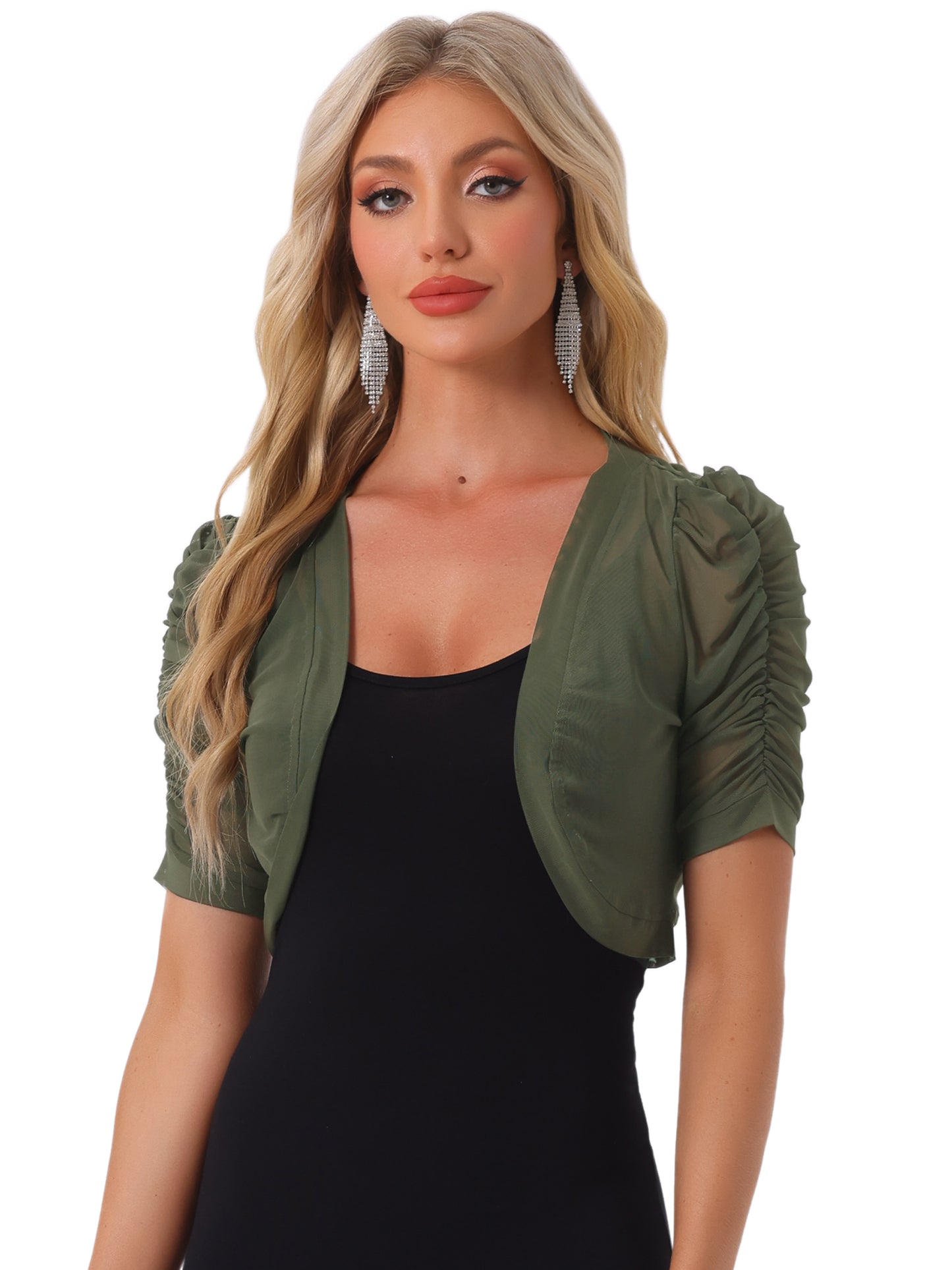 Women's Open Front Cropped Cardigan Bolero Casual Short Sleeve Mesh Sheer Shrug
