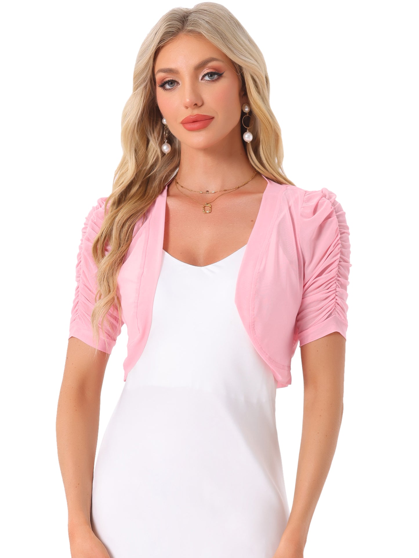 Women's Open Front Cropped Cardigan Bolero Casual Short Sleeve Mesh Sheer Shrug