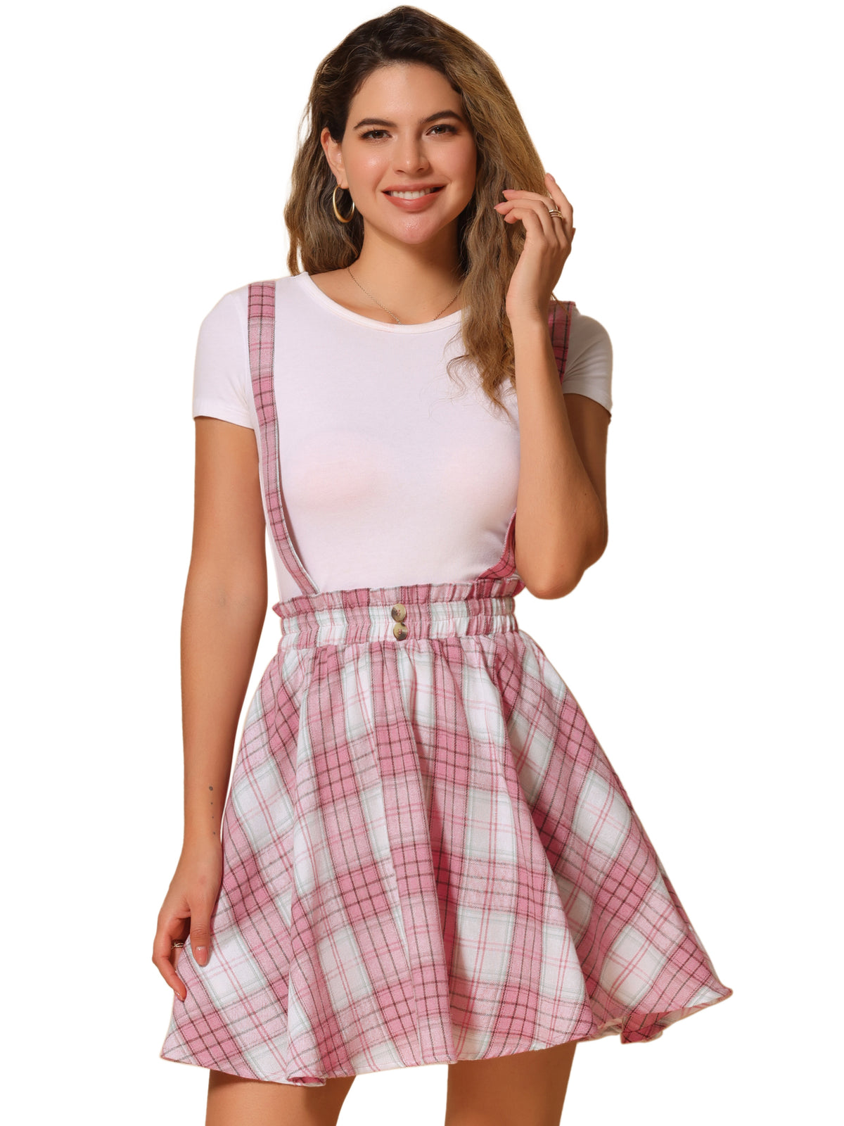 Women's Tartan Plaid Button Decor Flare Skater Suspender Skirt