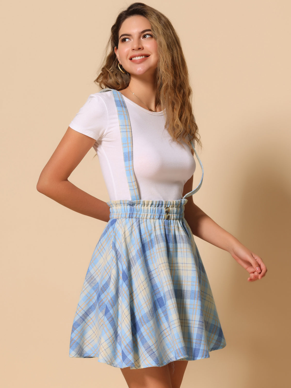 Women's Tartan Plaid Button Decor Flare Skater Suspender Skirt