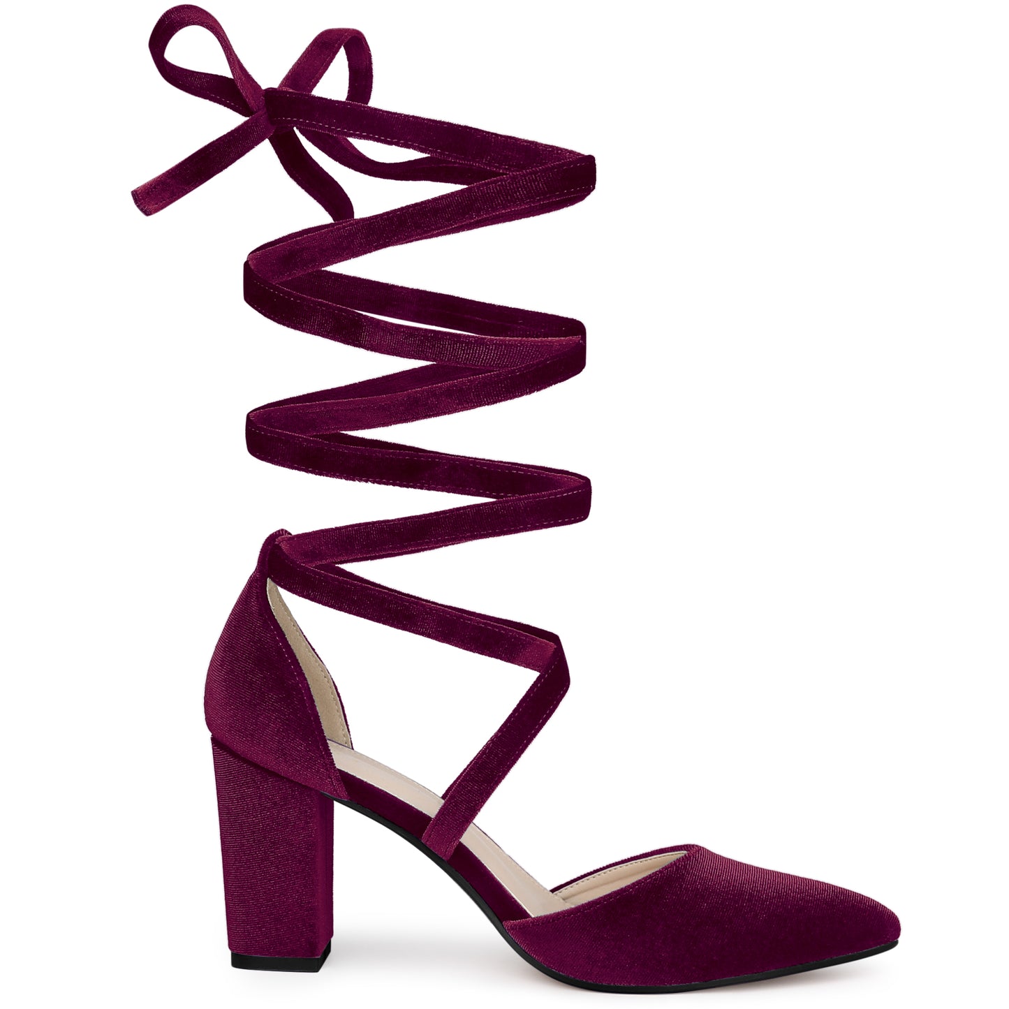 Women's Velvet Lace Up Chunky Heels Pointed Toe Pumps