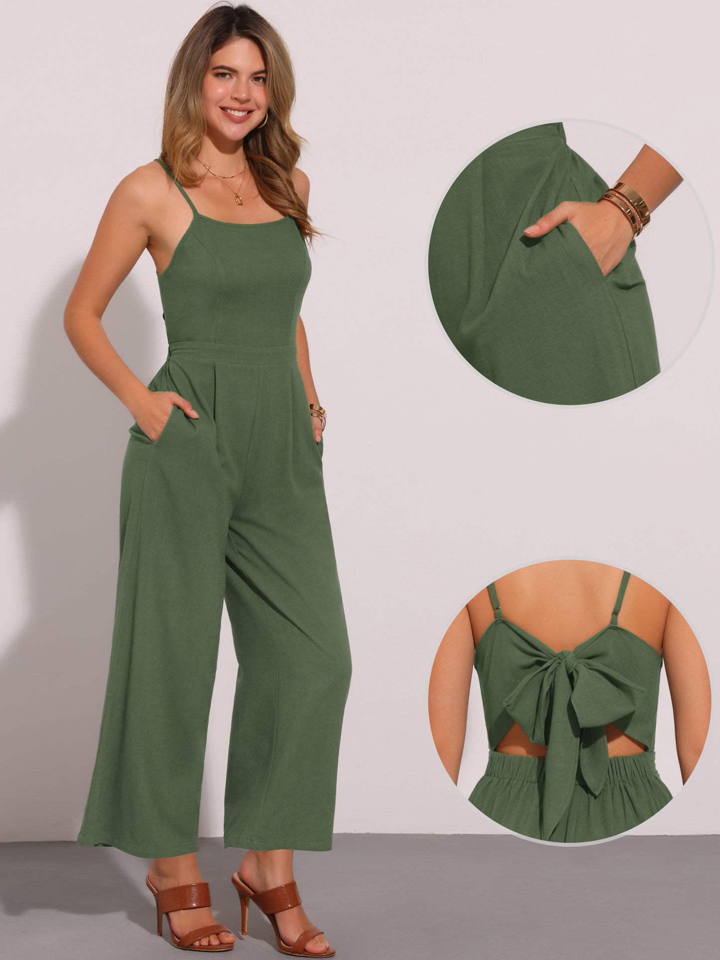 Monos de lino informales con tirantes finos, sin mangas y piernas anchas para mujer