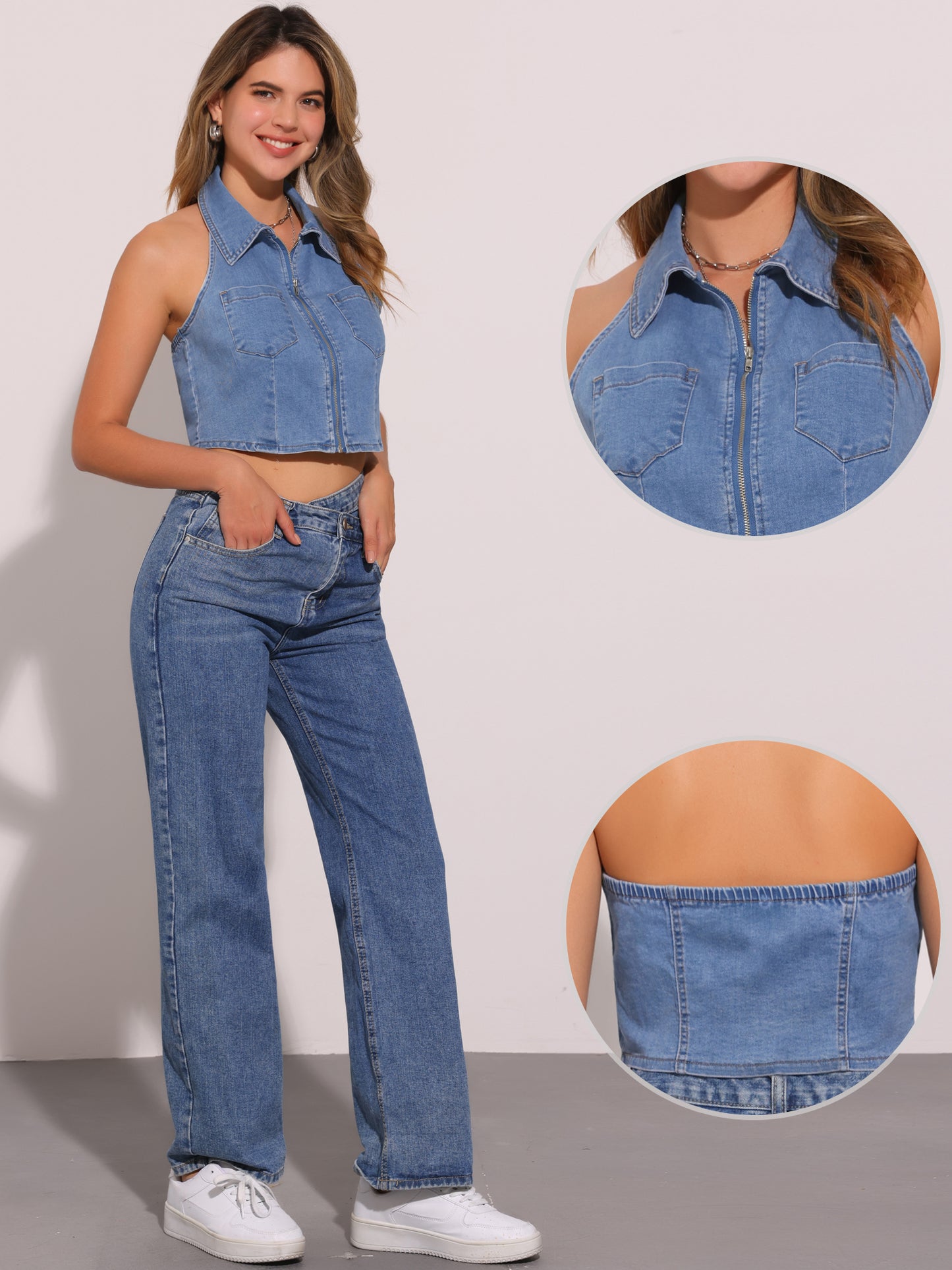 Women's Zipper Up Collared Sleeveless Jean Corset Denim Halter Top