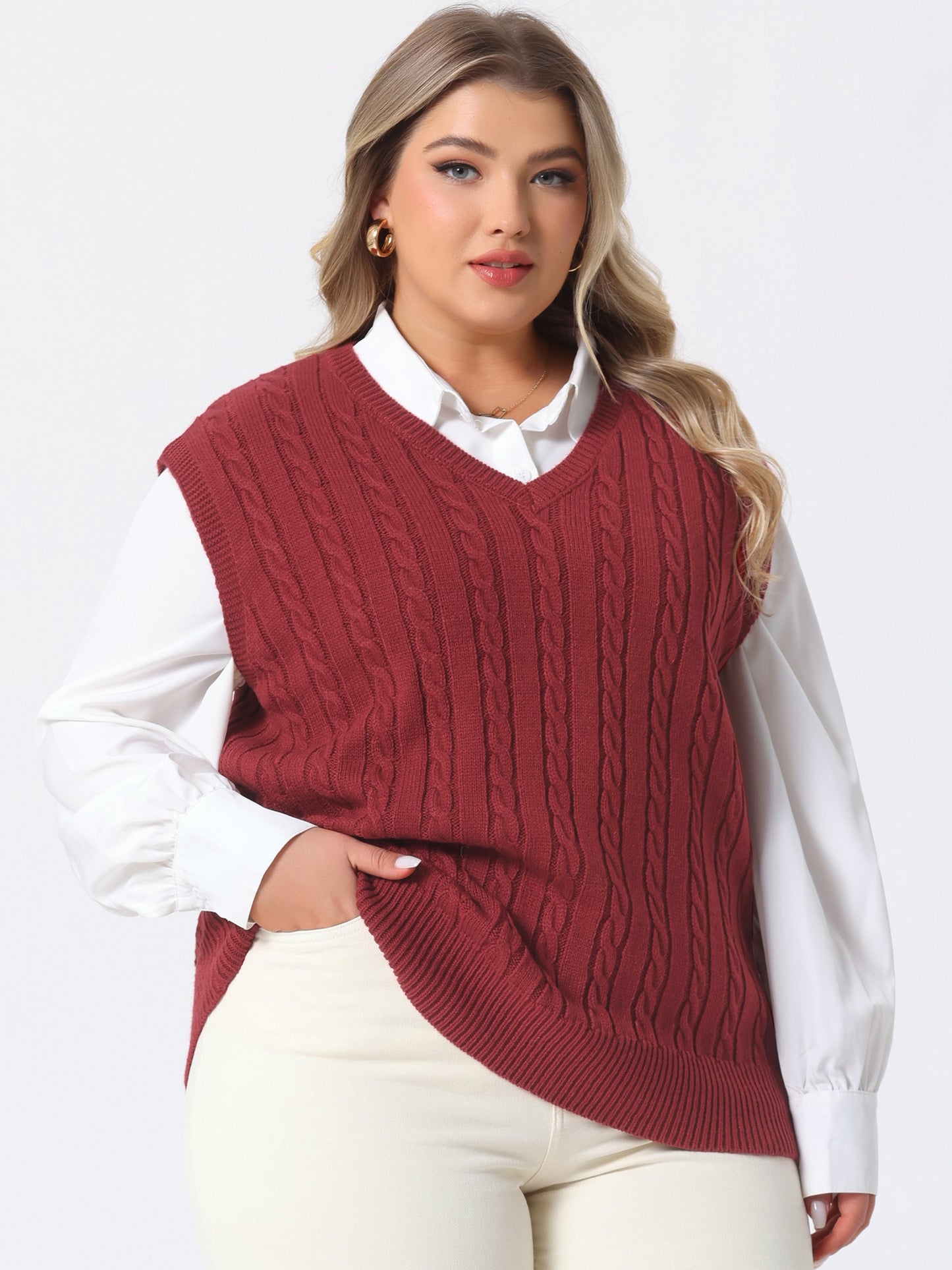 Women's Plus Size Sweater Vest V Neck Cable Knit Sweater Sleeveless Pullover Sweater Vests