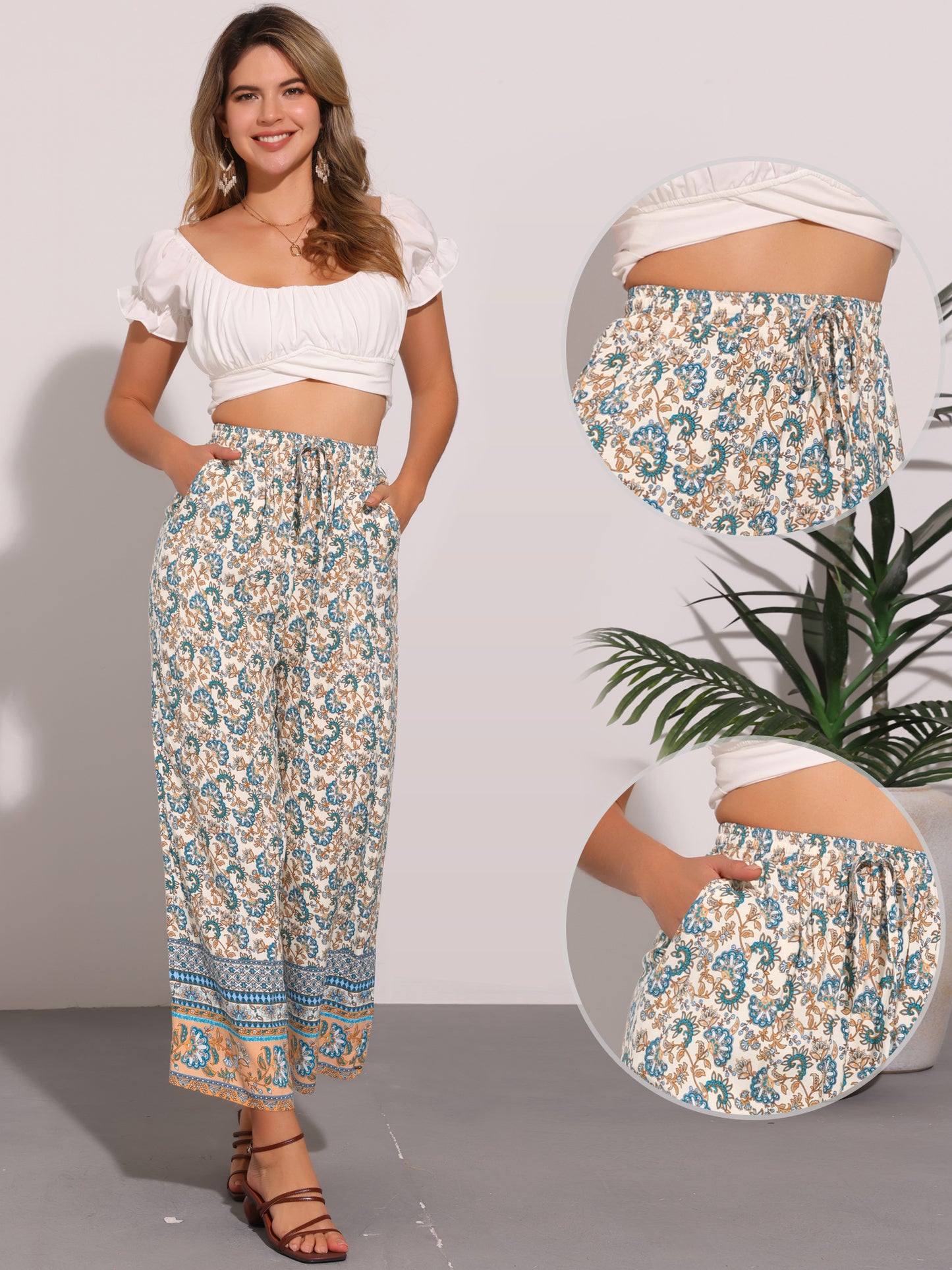 Pantalones bohemios florales para mujer, cintura con cordón, pierna ancha y bolsillos para playa
