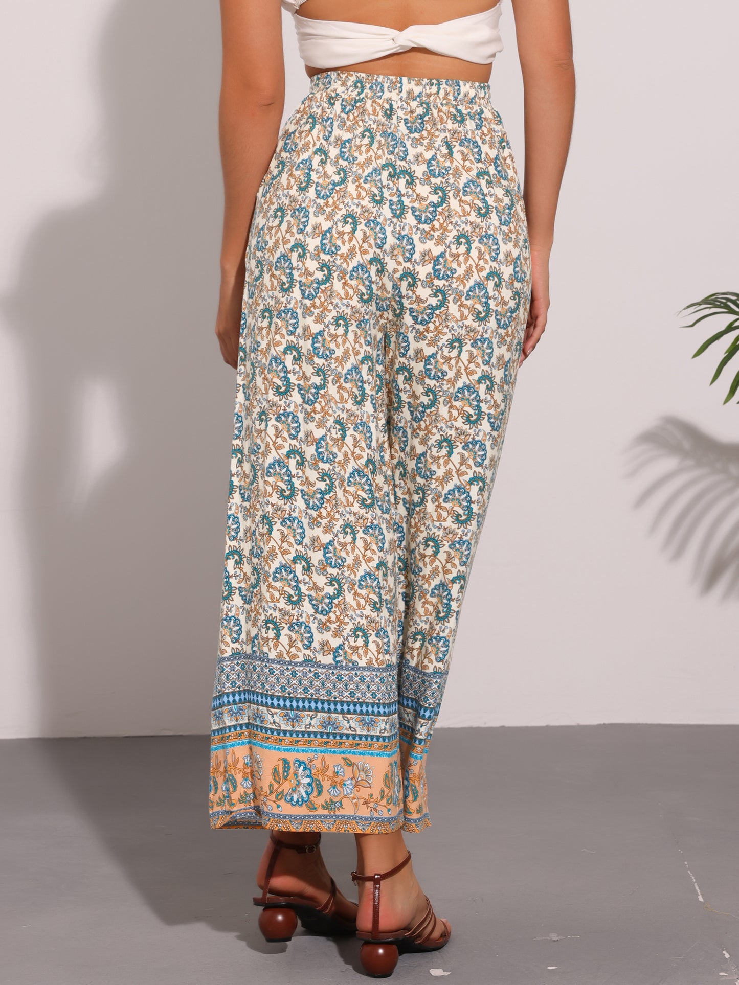 Pantalones bohemios florales para mujer, cintura con cordón, pierna ancha y bolsillos para playa