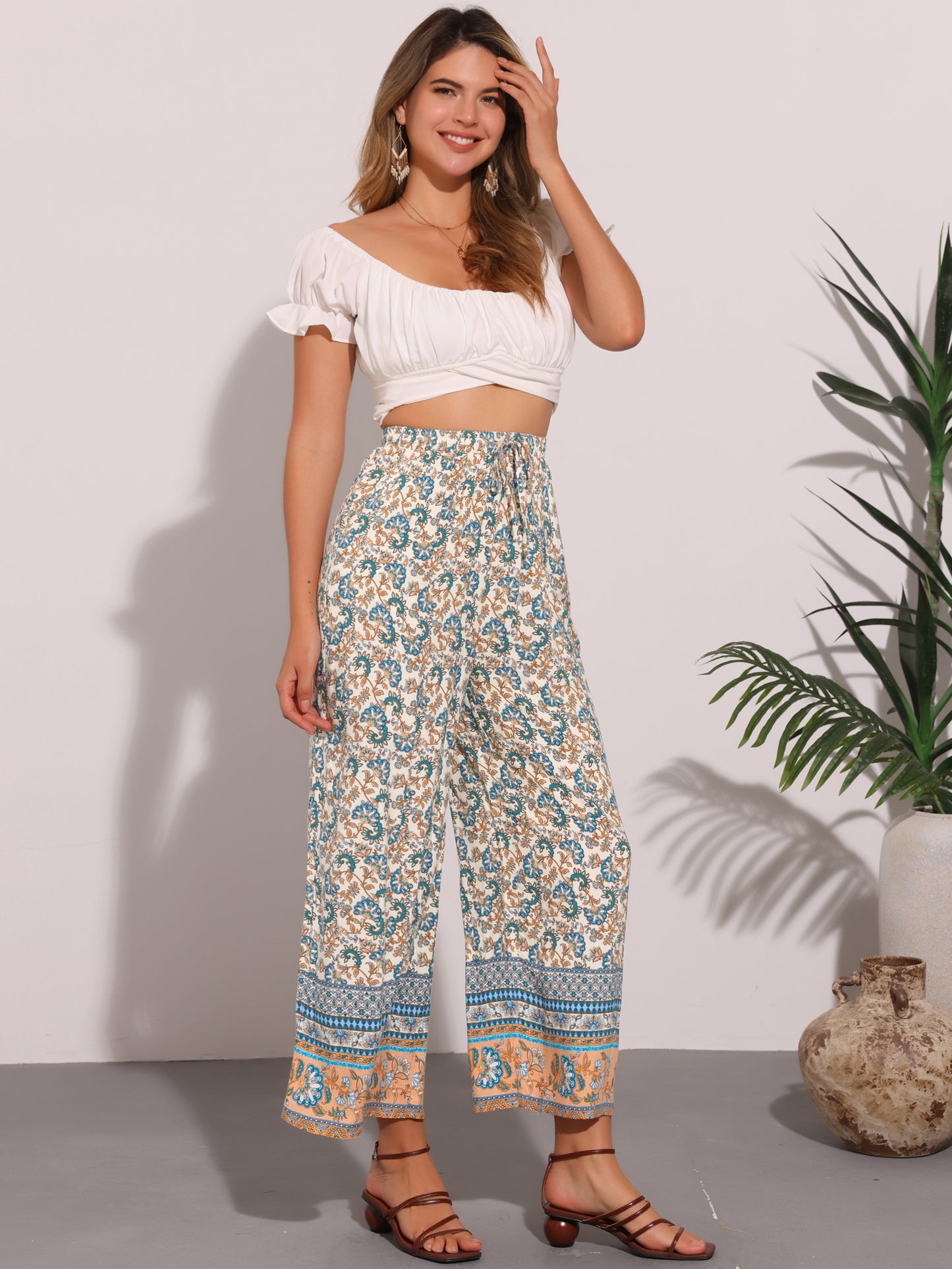 Pantalones bohemios florales para mujer, cintura con cordón, pierna ancha y bolsillos para playa