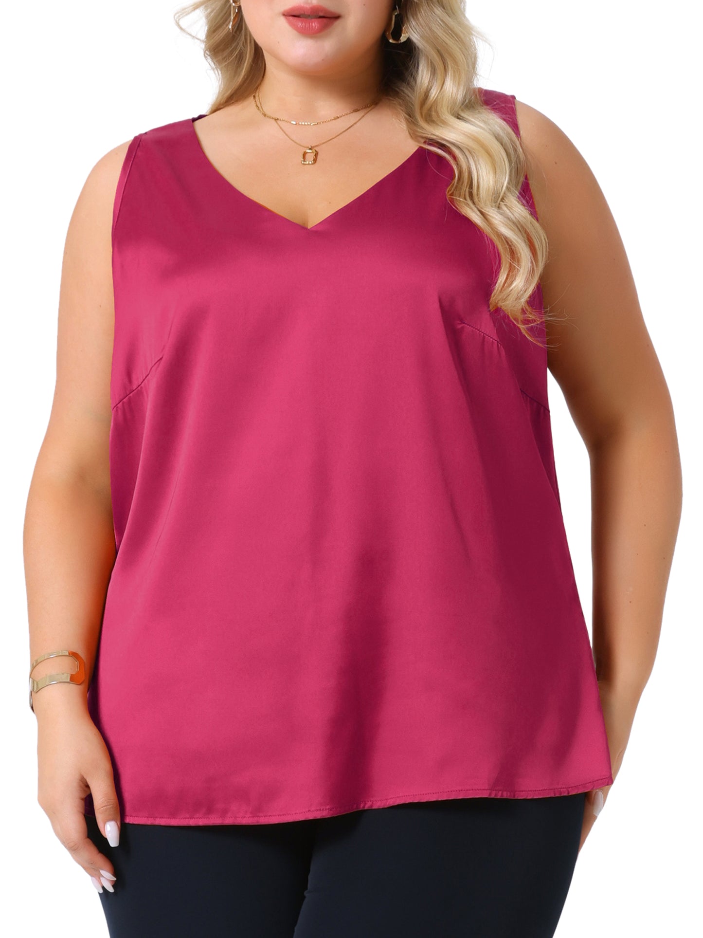 Women Plus Size Satin Tank Tops V Neck Casual Sleeveless Summer Basic Tank