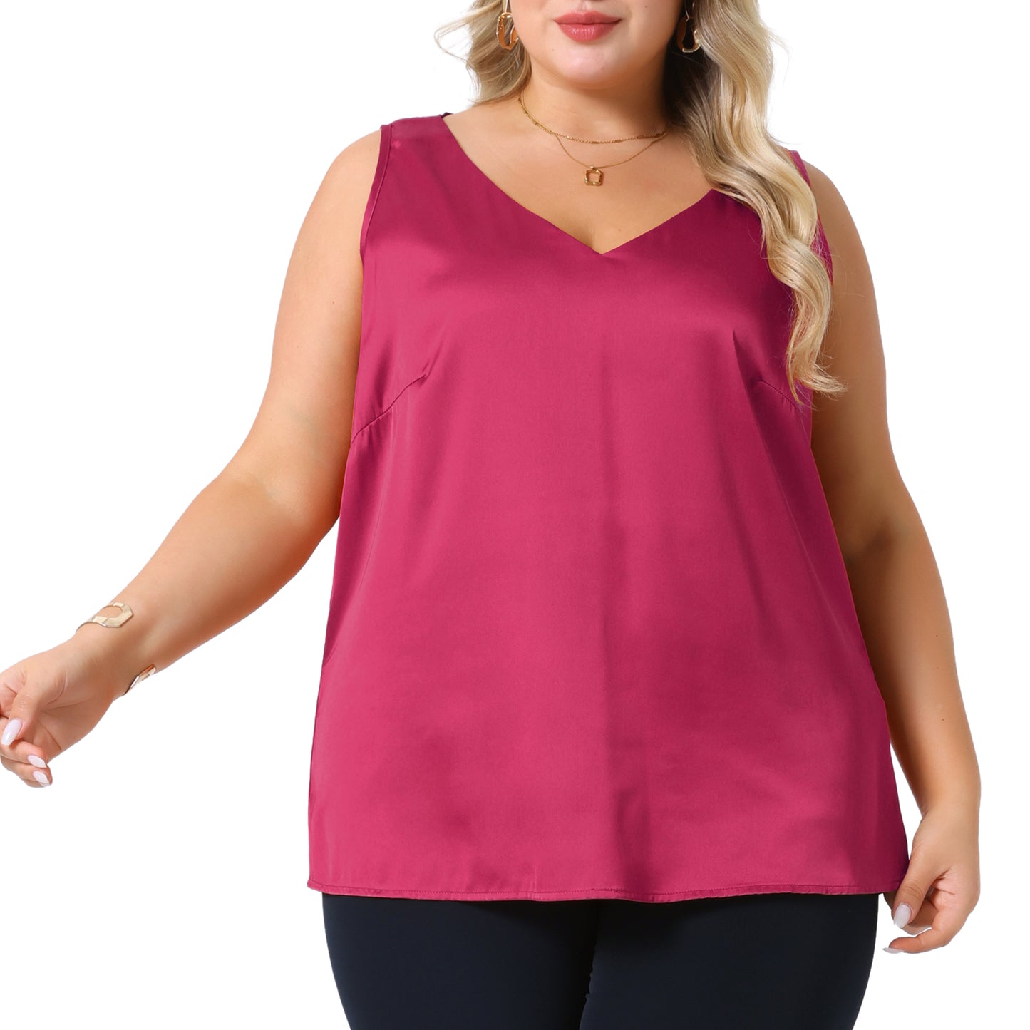 Women Plus Size Satin Tank Tops V Neck Casual Sleeveless Summer Basic Tank