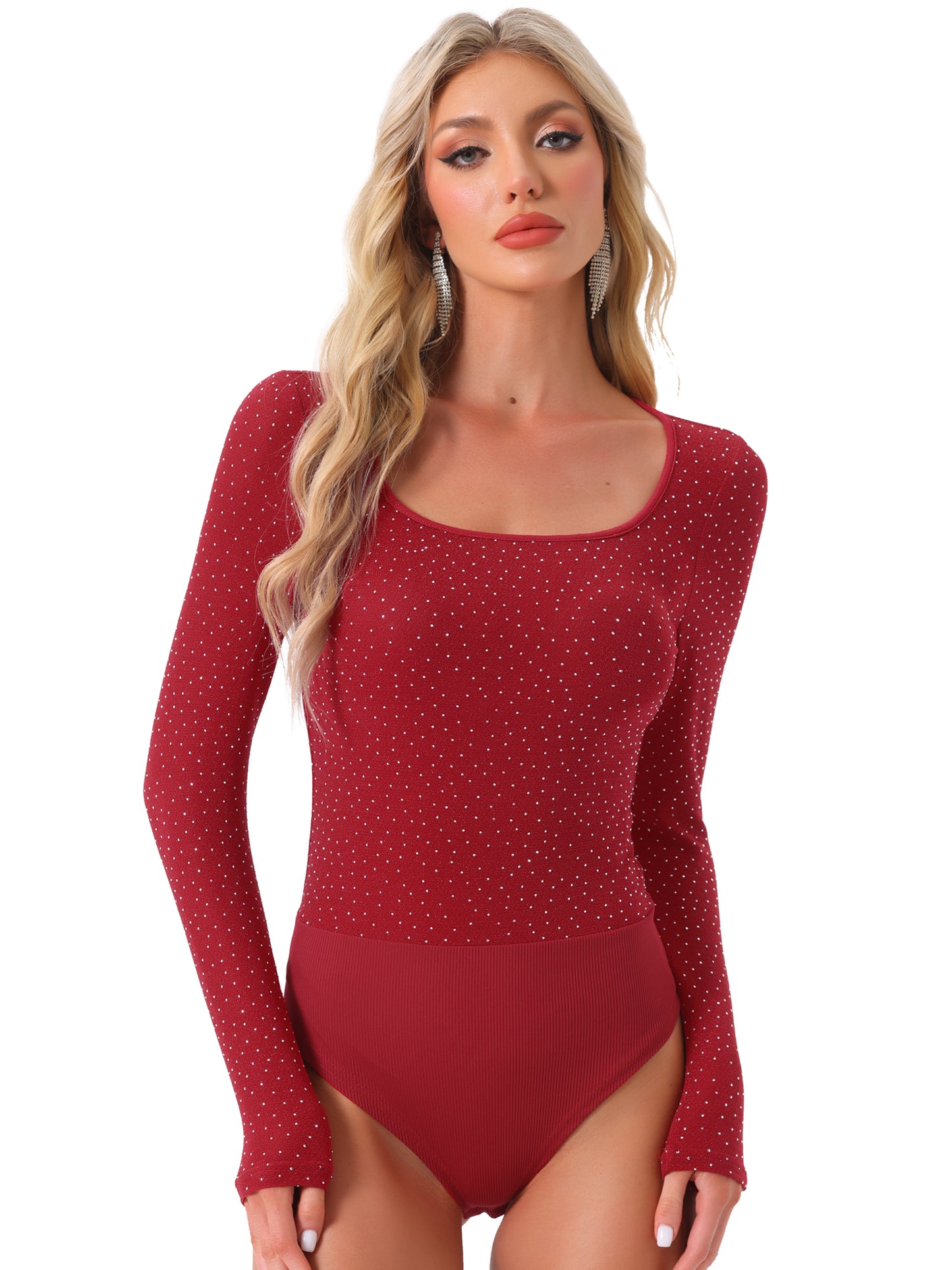 Women's Party Bodysuits Metallic Shiny Dots Square Neck Long Sleeve Top