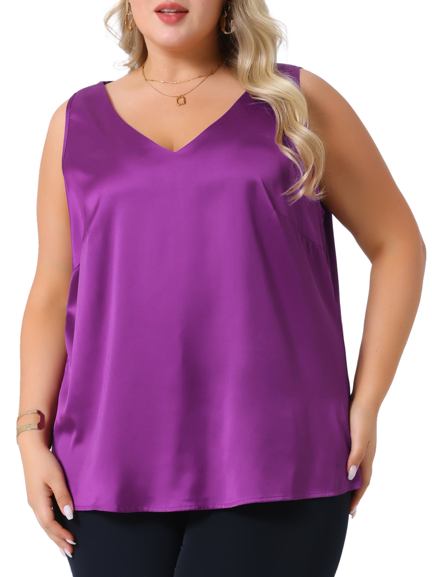 Women Plus Size Satin Tank Tops V Neck Casual Sleeveless Summer Basic Tank
