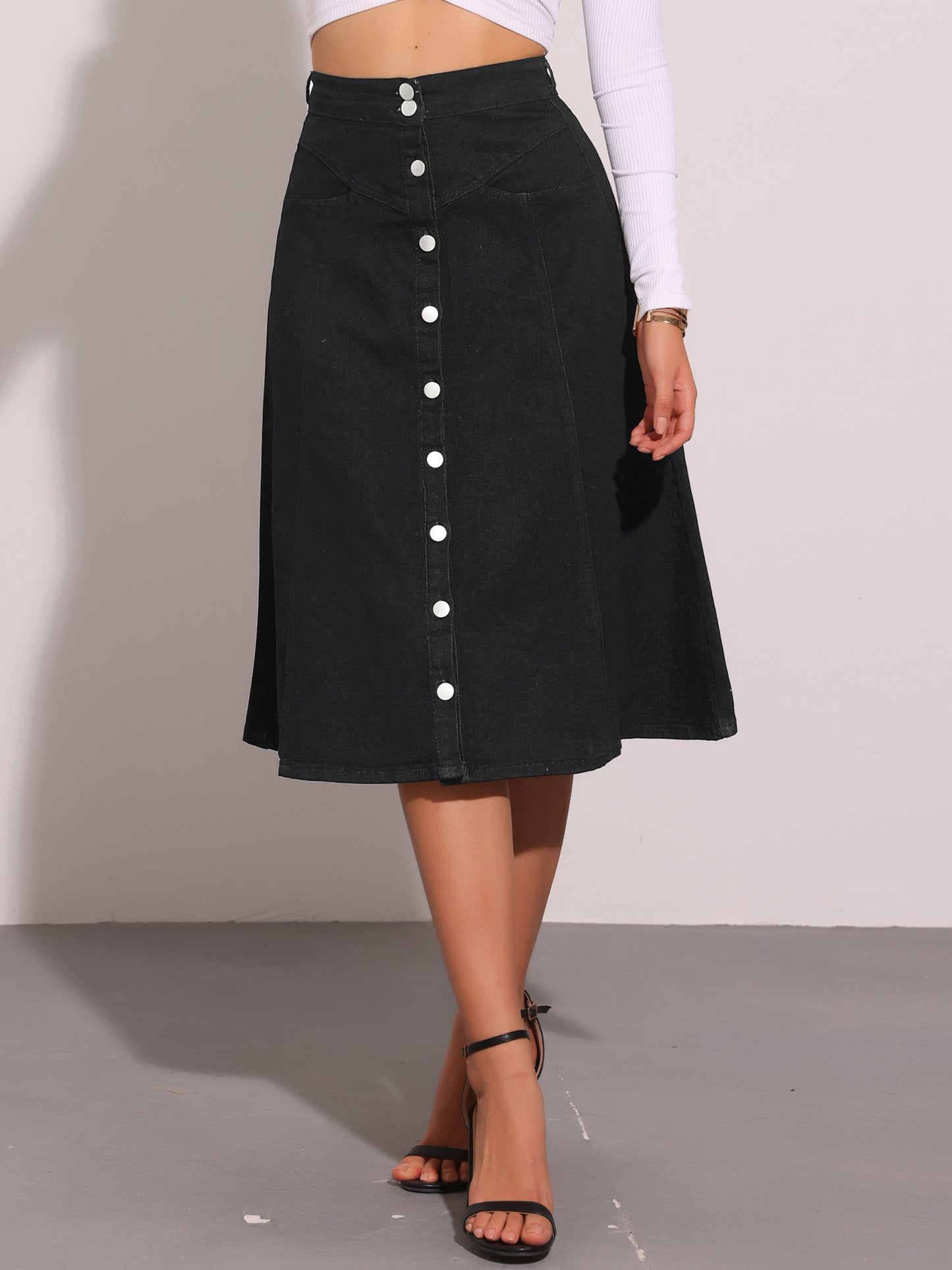 Womens' Summer Denim Skirt High Waist Buttons Front A-Line Flowy Midi Skirts with Pockets
