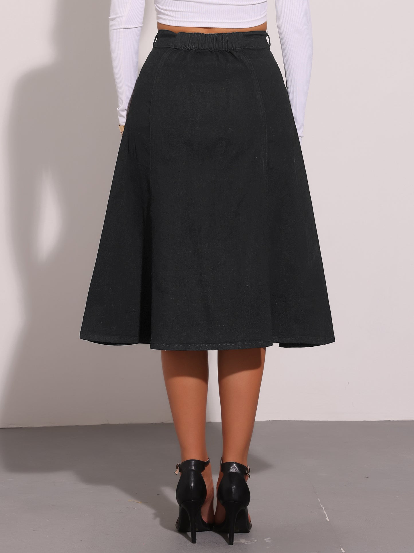 Womens' Summer Denim Skirt High Waist Buttons Front A-Line Flowy Midi Skirts with Pockets