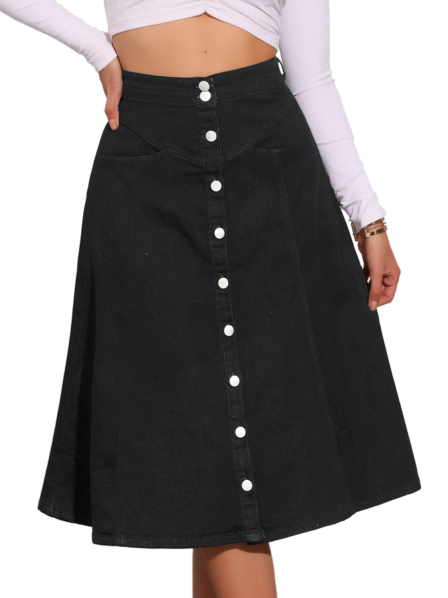 Womens' Summer Denim Skirt High Waist Buttons Front A-Line Flowy Midi Skirts with Pockets