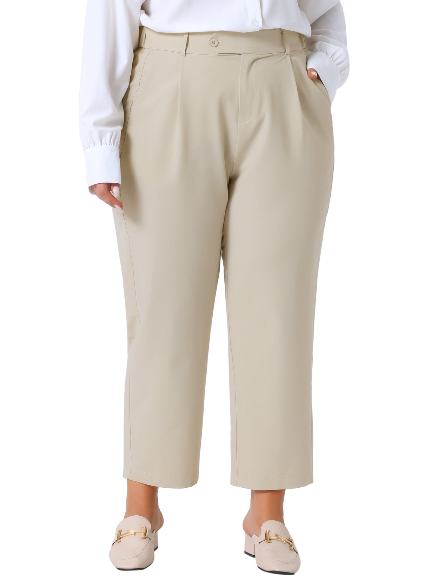 Women Plus Size Pants Elastic High Waisted Long Straight Business Casual Work Pants Trousers with Pockets