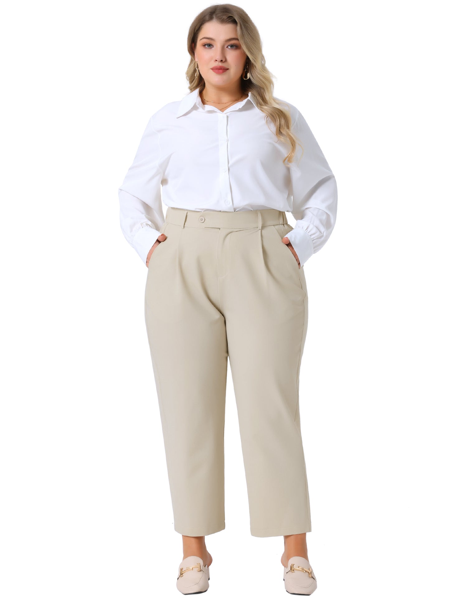 Women Plus Size Pants Elastic High Waisted Long Straight Business Casual Work Pants Trousers with Pockets