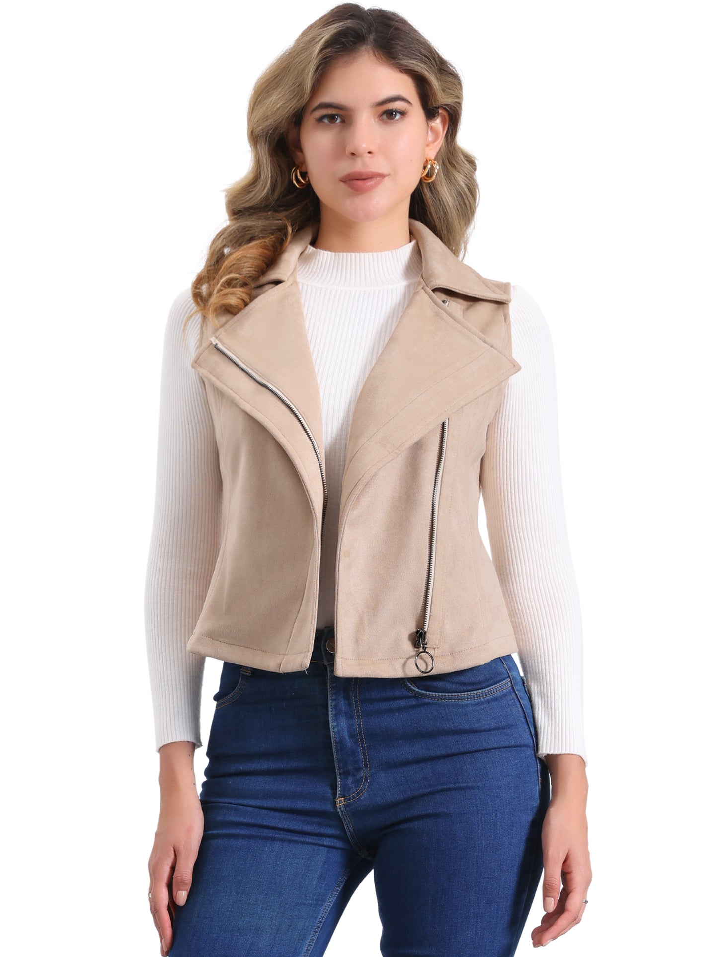 Women's Faux Suede Vest Casual Sleeveless Biker Jacket