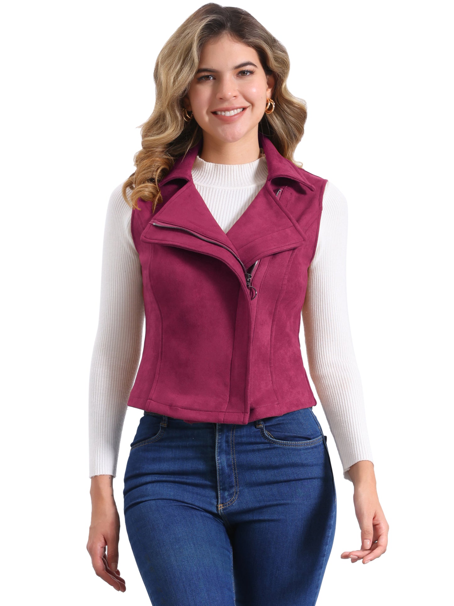 Women's Faux Suede Vest Casual Sleeveless Biker Jacket