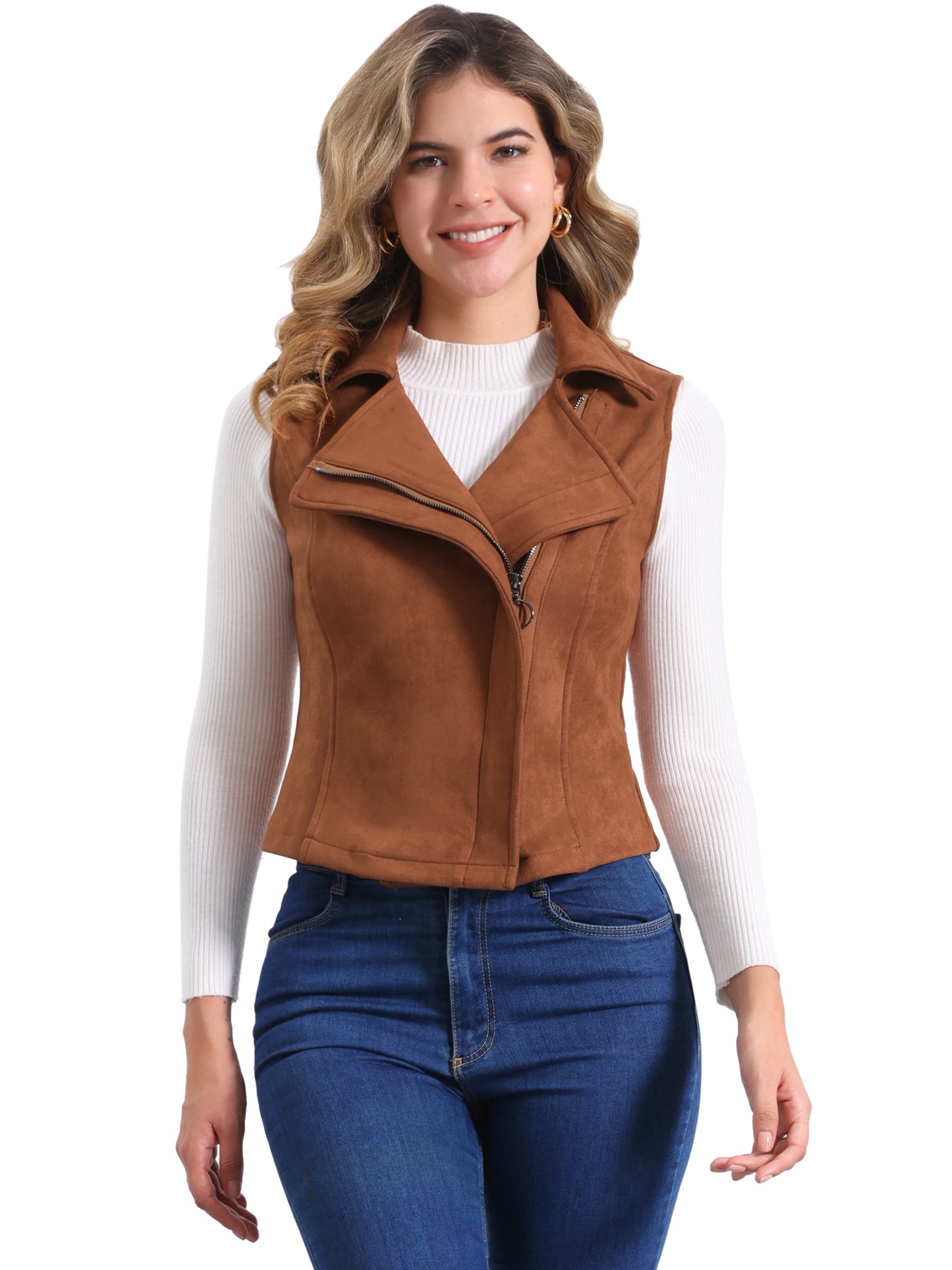 Women's Faux Suede Vest Casual Sleeveless Biker Jacket