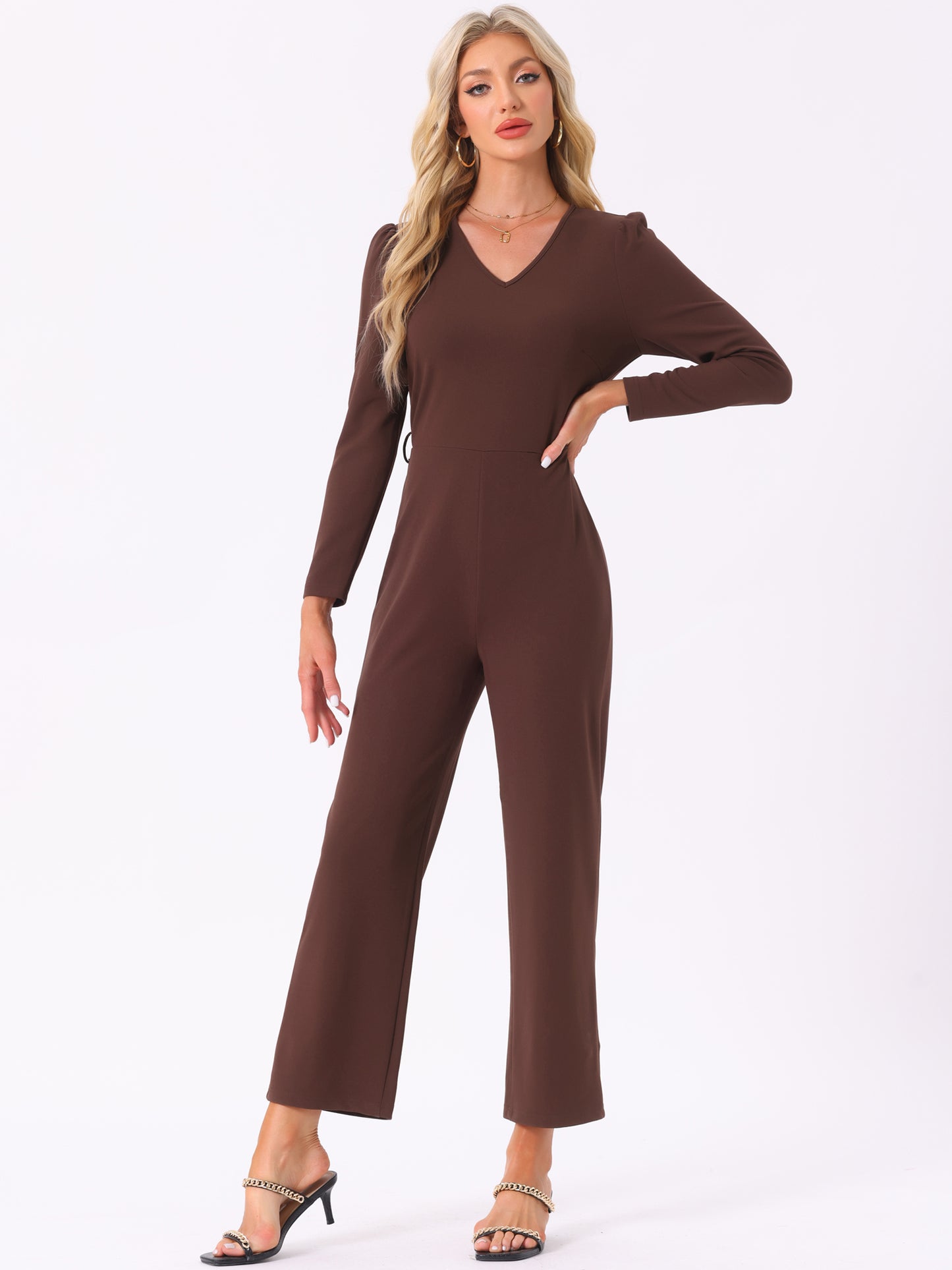 Women's V Neck Long Sleeve Tie Waist Wide Leg Long Pants Elegant Knit Jumpsuits