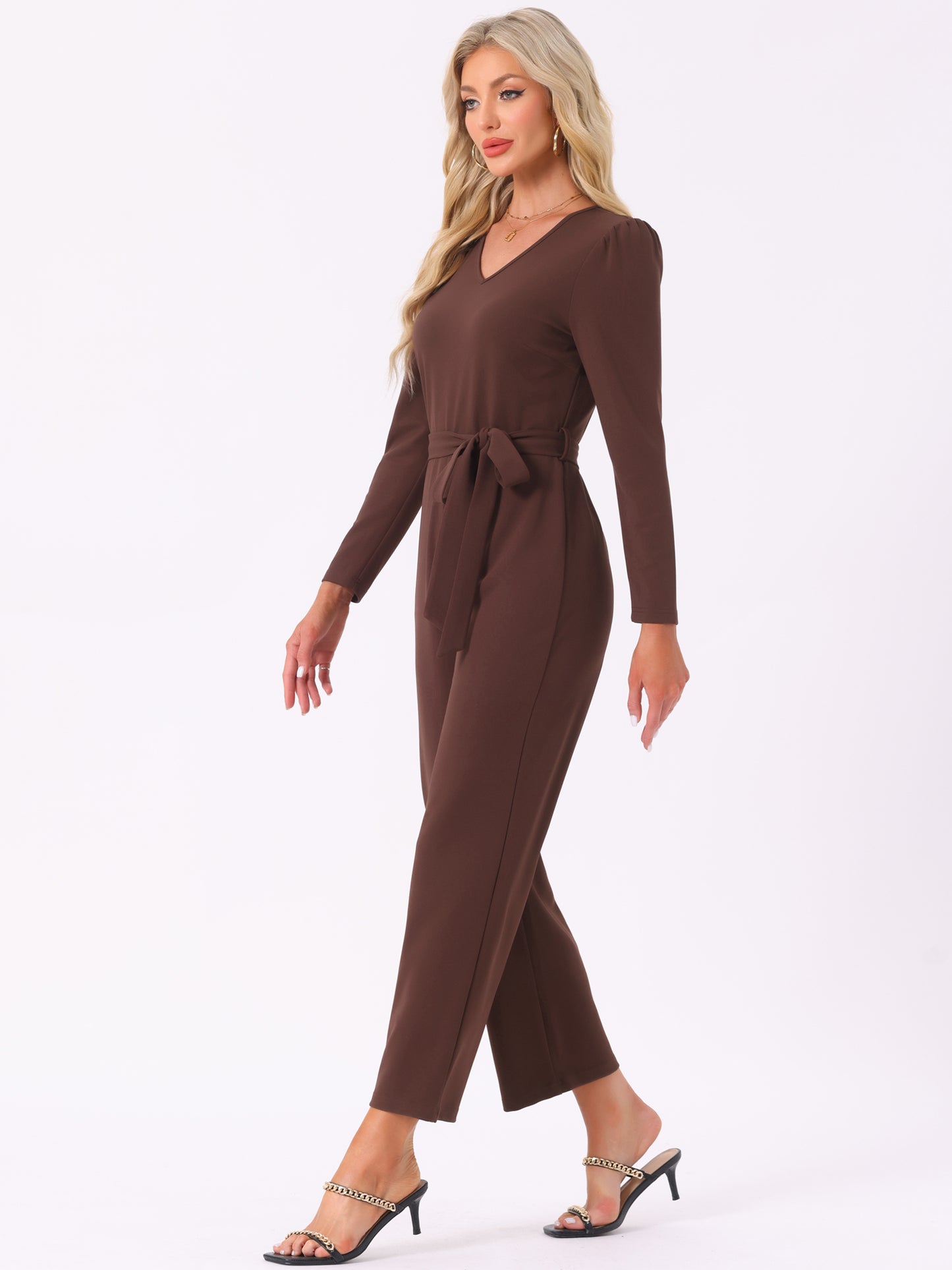 Women's V Neck Long Sleeve Tie Waist Wide Leg Long Pants Elegant Knit Jumpsuits