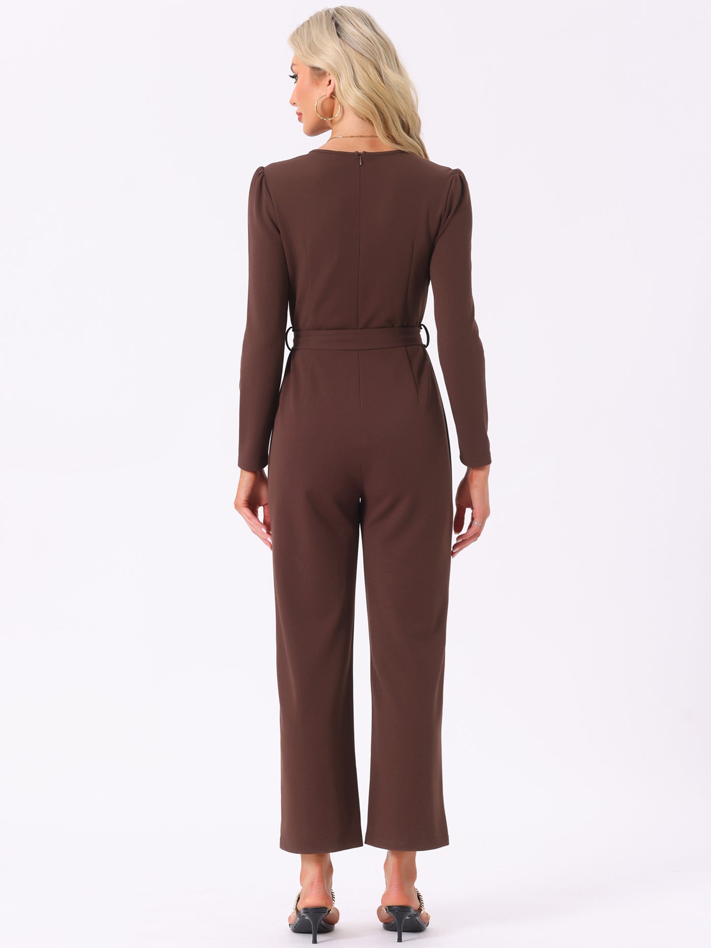 Women's V Neck Long Sleeve Tie Waist Wide Leg Long Pants Elegant Knit Jumpsuits