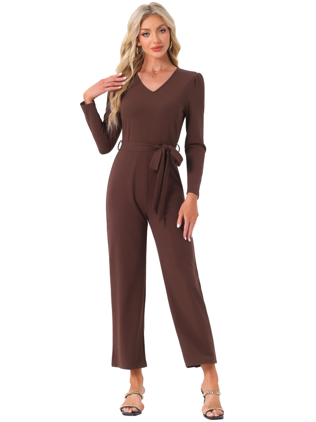 Women's V Neck Long Sleeve Tie Waist Wide Leg Long Pants Elegant Knit Jumpsuits
