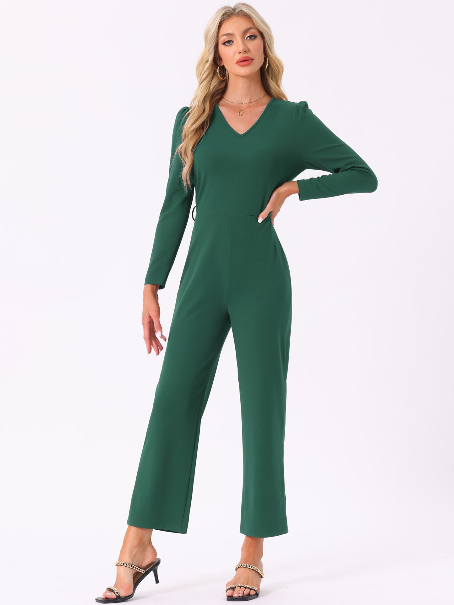 Women's V Neck Long Sleeve Tie Waist Wide Leg Long Pants Elegant Knit Jumpsuits