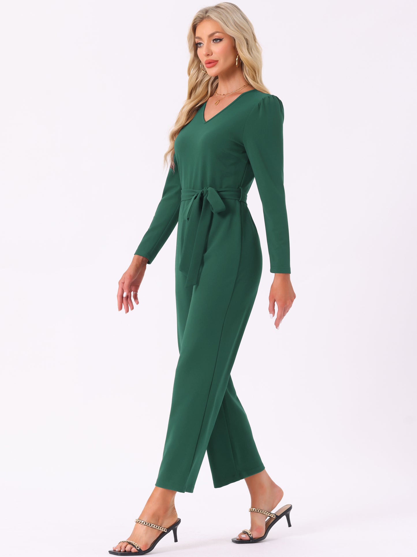 Women's V Neck Long Sleeve Tie Waist Wide Leg Long Pants Elegant Knit Jumpsuits