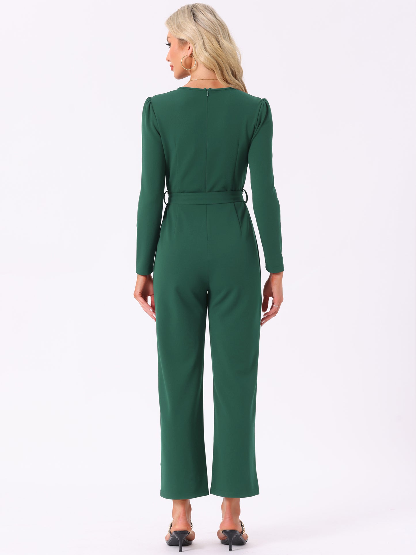 Women's V Neck Long Sleeve Tie Waist Wide Leg Long Pants Elegant Knit Jumpsuits