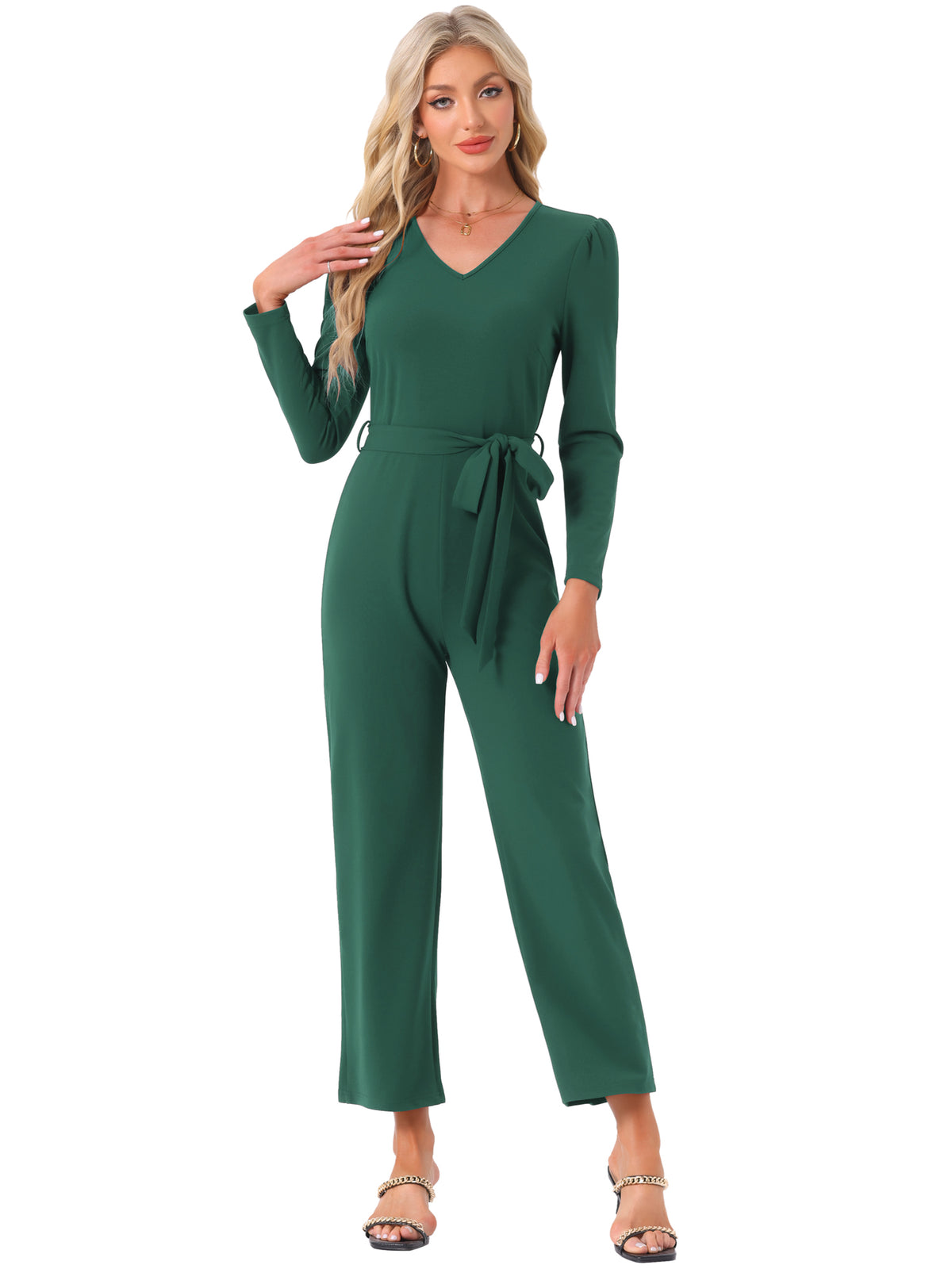 Women's V Neck Long Sleeve Tie Waist Wide Leg Long Pants Elegant Knit Jumpsuits