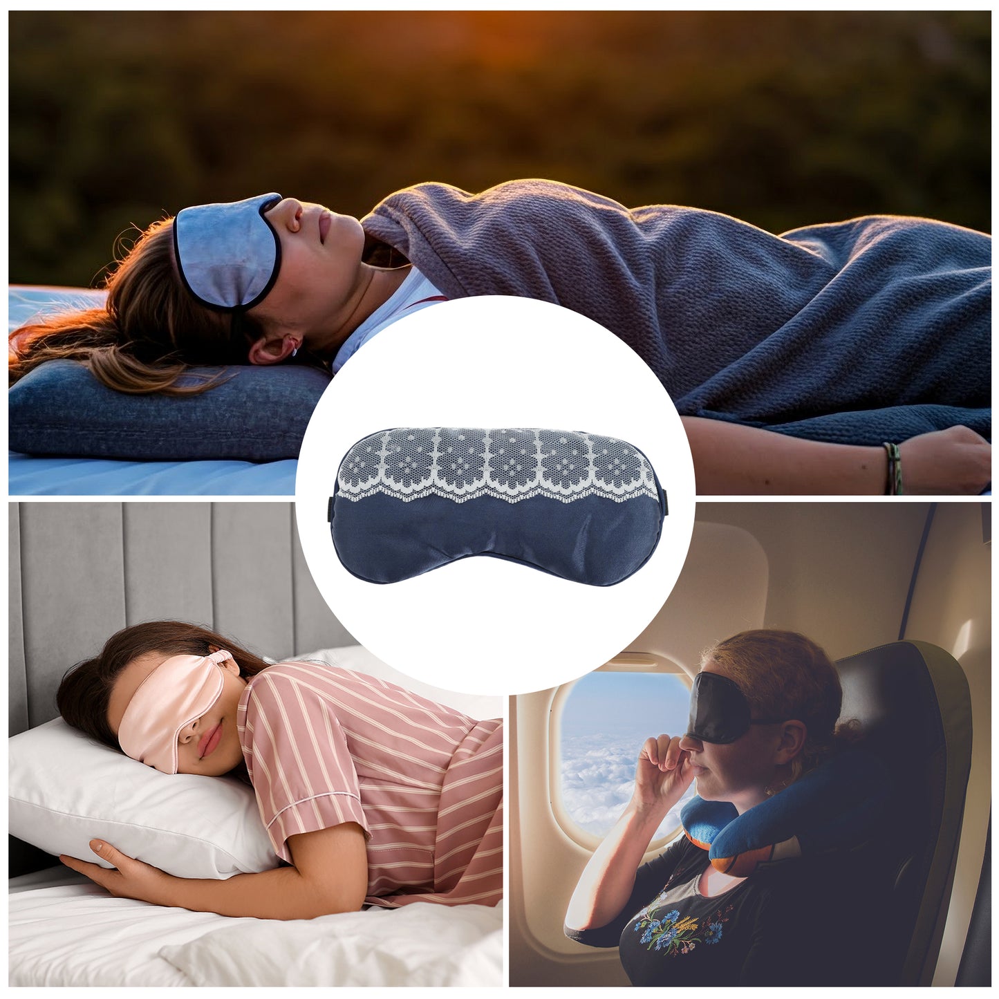 Portable Contrast Lace Eye Mask for Travel for Rest Navy Blue