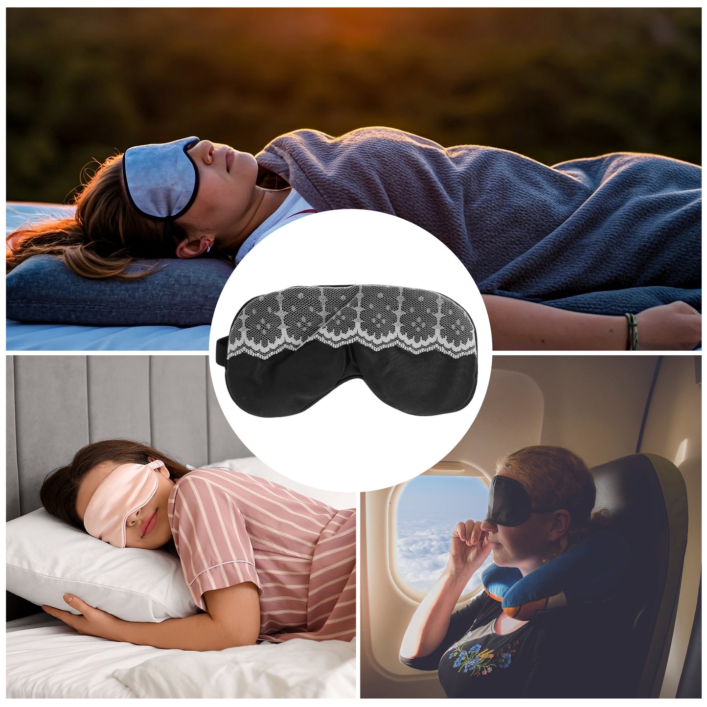 Portable Contrast Lace Eye Mask for Travel for Rest Black