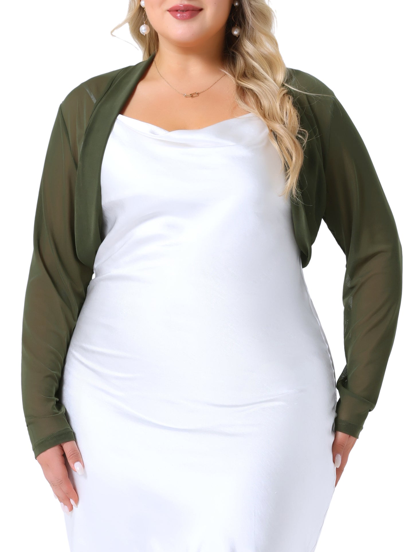 Women Plus Size Mesh Crop Cardigans Long Sleeve Open Front See Through Sheer Bolero Shrug Top