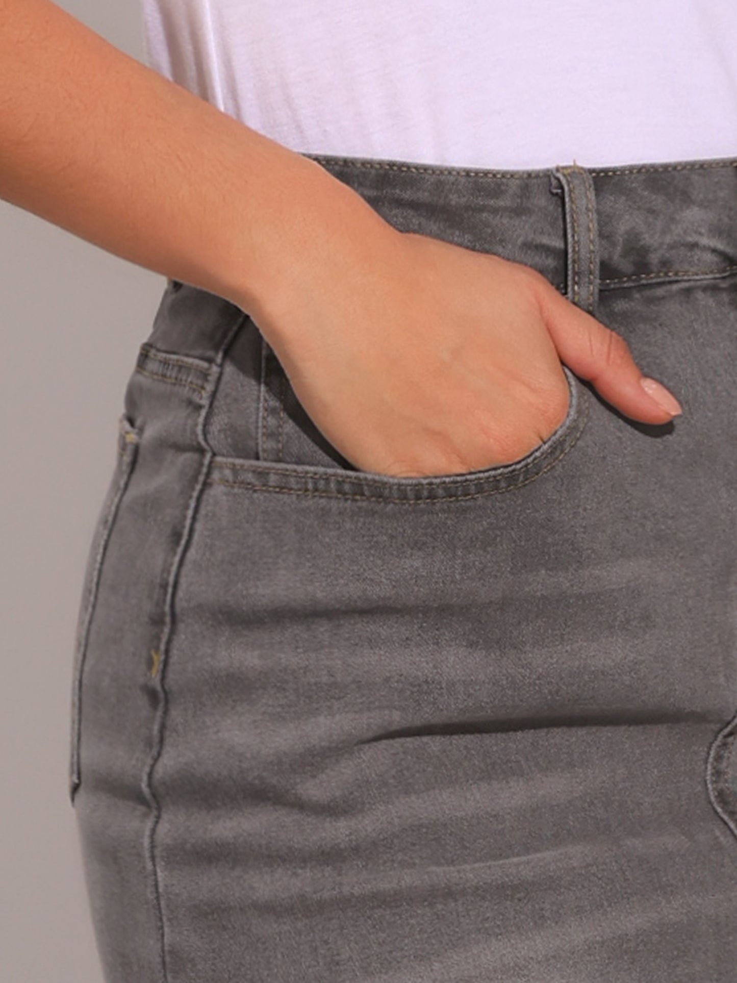 Falda vaquera informal para mujer, cintura alta, bolsillos traseros abiertos, falda vaquera midi