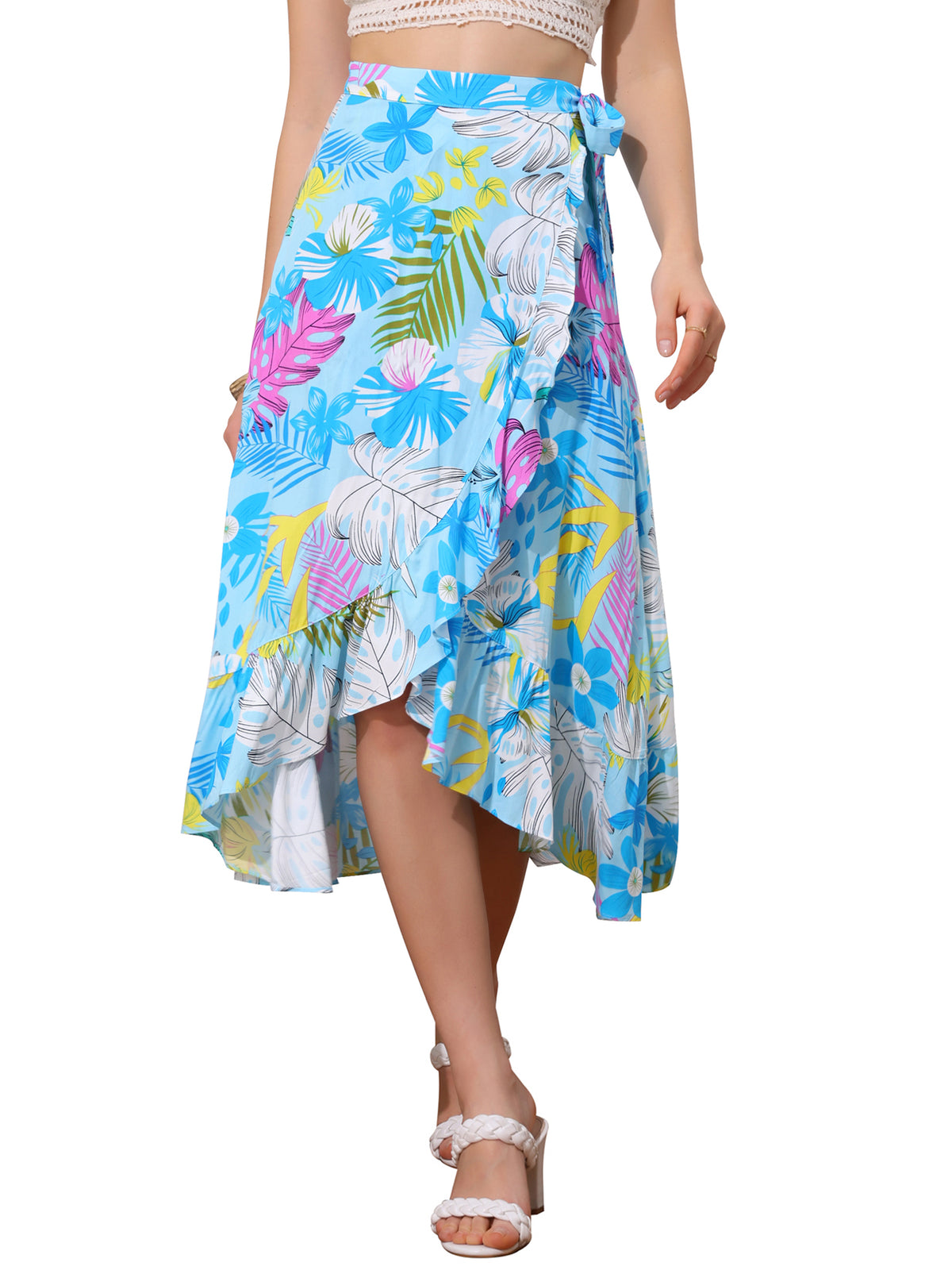 Women's Tropical Floral Print Ruffle Self Tie Knot Split Beach Wrap Skirt