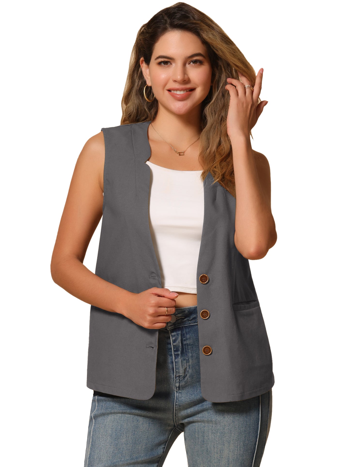 Women's Casual V Neck Button Down Cotton Linen Vest