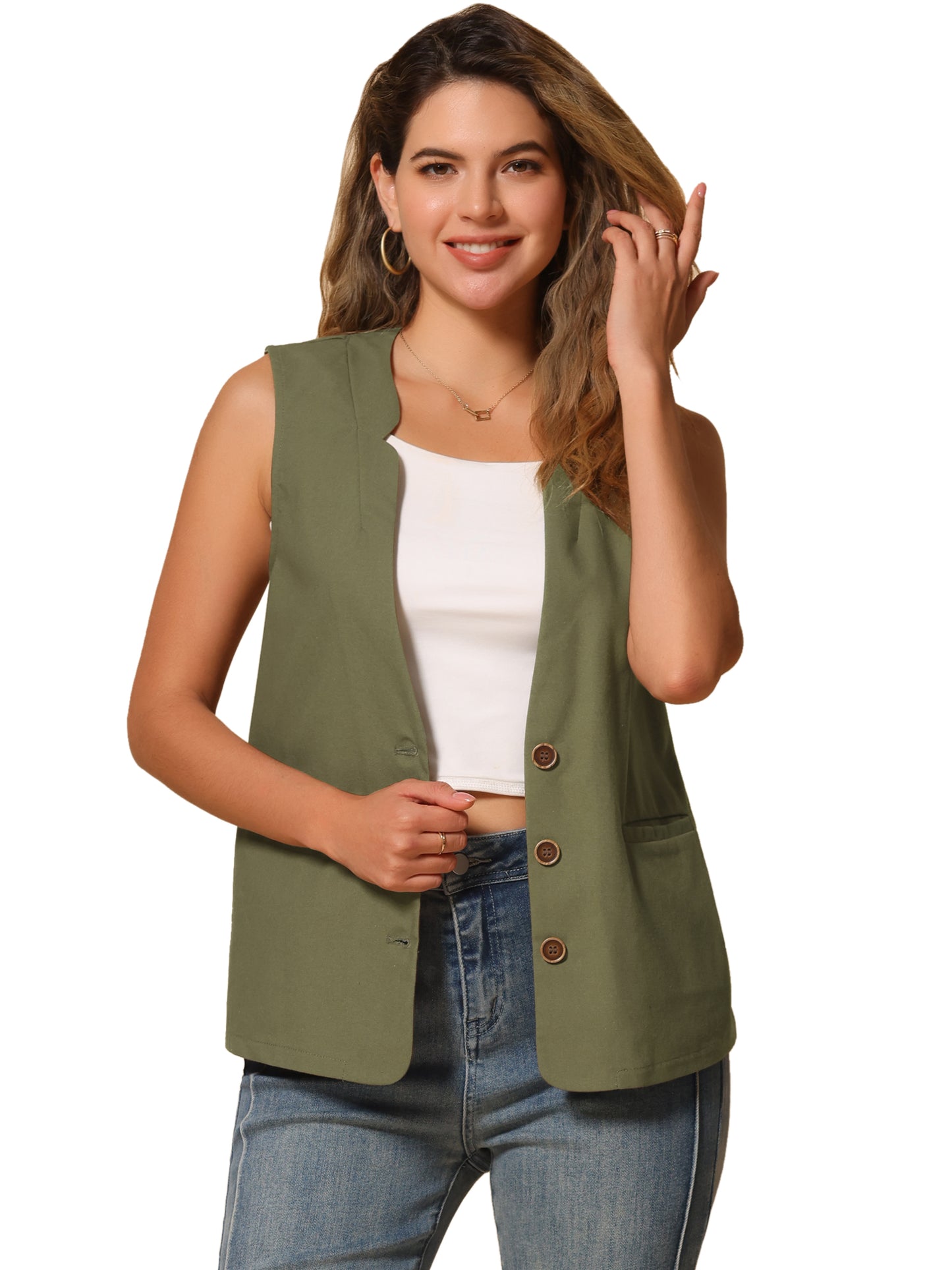 Women's Casual V Neck Button Down Cotton Linen Vest