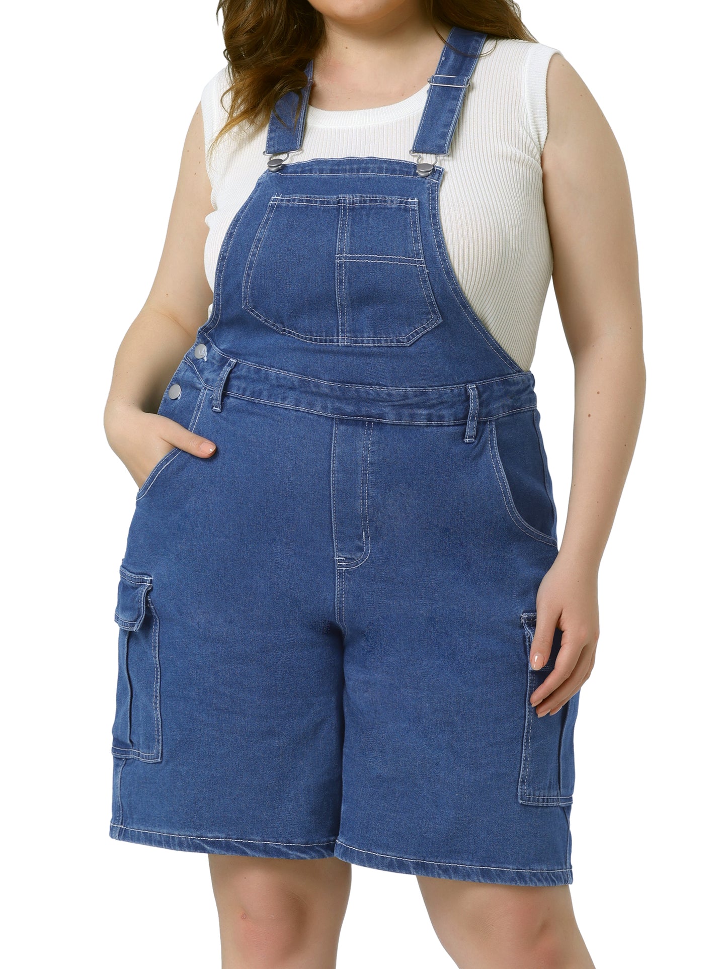 Women Plus Size Overall Shorts Jumpsuit Adjustable Strap Bib Cargo Pocket Jean Denim Overalls